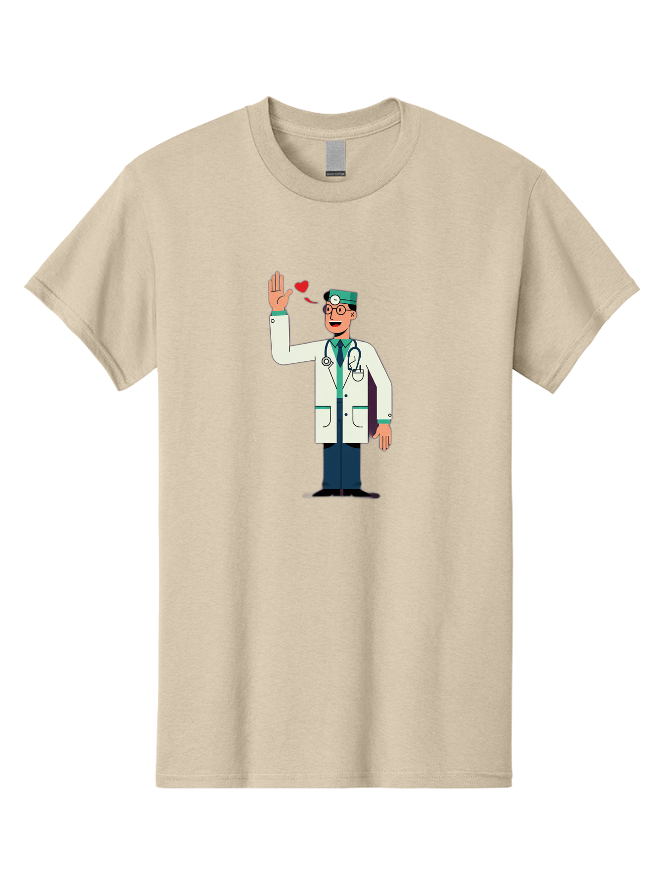 Doctor-Waving-4 Men'S Graphic Tee, 100% Cotton, Comfortable Casual Summer Wear, Machine Washable, Cartoon Doctor, Medical Professional, Friendly Doctor, Stethoscope Around Neck, Waving Hand, Heart Symbol, Welcoming Gesture, Medical Care, Baa487