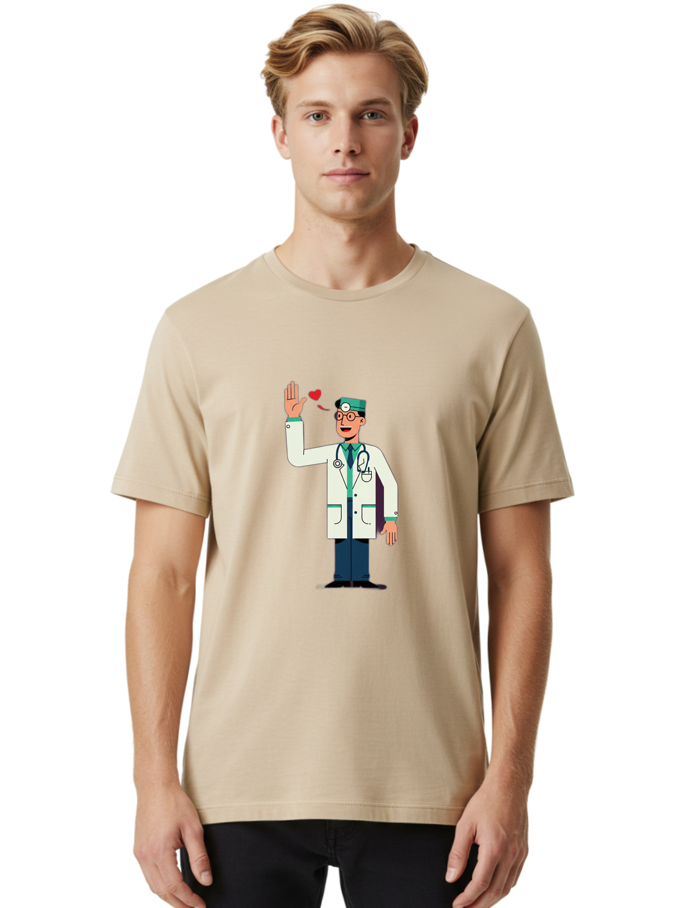 Doctor-Waving-4 Men'S Graphic Tee, 100% Cotton, Comfortable Casual Summer Wear, Machine Washable, Cartoon Doctor, Medical Professional, Friendly Doctor, Stethoscope Around Neck, Waving Hand, Heart Symbol, Welcoming Gesture, Medical Care, Baa487