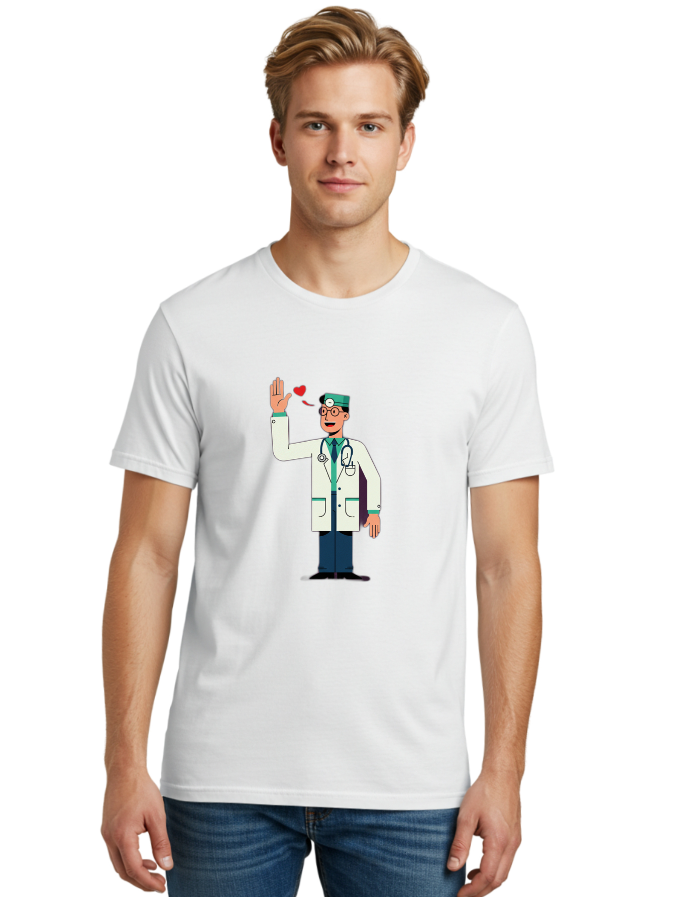Doctor-Waving-4 Men'S Graphic Tee, 100% Cotton, Comfortable Casual Summer Wear, Machine Washable, Cartoon Doctor, Medical Professional, Friendly Doctor, Stethoscope Around Neck, Waving Hand, Heart Symbol, Welcoming Gesture, Medical Care, Baa487