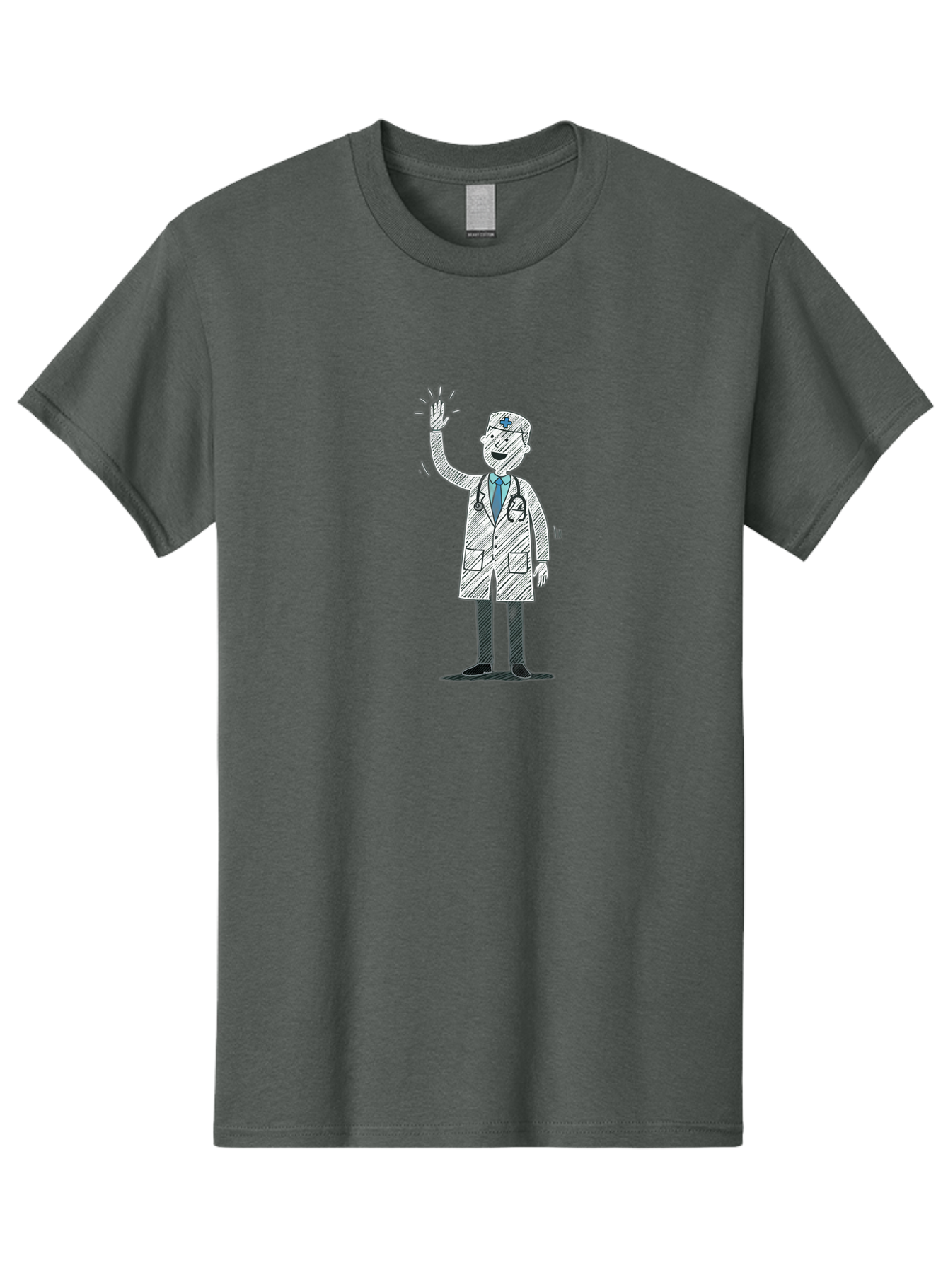 Doctor-Waving Men'S Graphic Tee, 100% Cotton, Comfortable Casual Summer Wear, Machine Washable, Doctor Waving, Medical Professional, Stethoscope, Friendly Greeting, Healthcare Worker, Cartoon Illustration, Waving Hand Baa488
