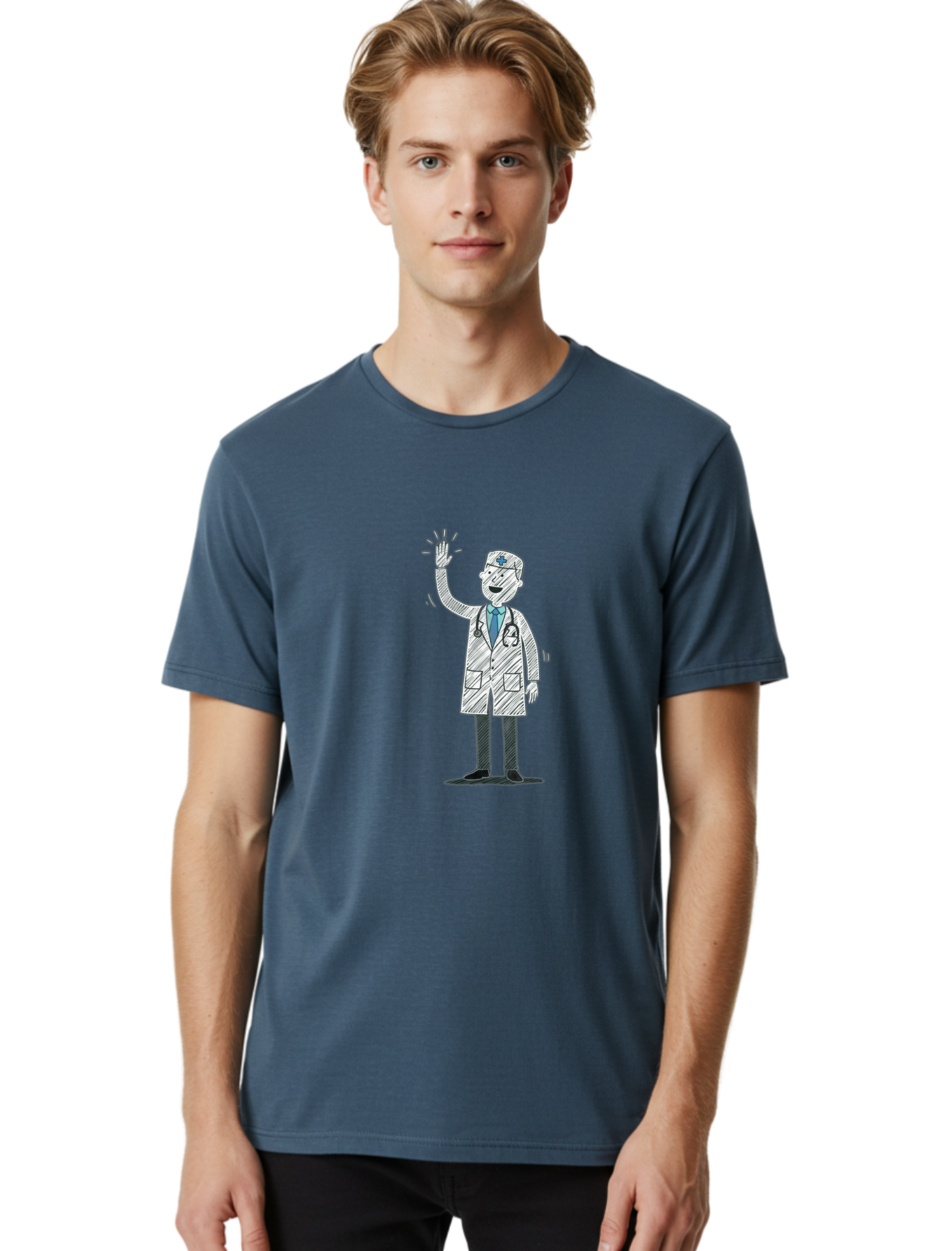 Doctor-Waving Men'S Graphic Tee, 100% Cotton, Comfortable Casual Summer Wear, Machine Washable, Doctor Waving, Medical Professional, Stethoscope, Friendly Greeting, Healthcare Worker, Cartoon Illustration, Waving Hand Baa488