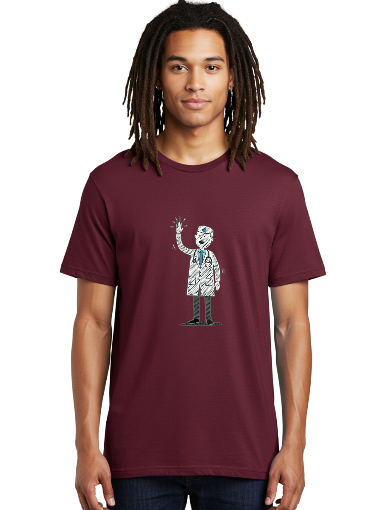 Doctor-Waving Men'S Graphic Tee, 100% Cotton, Comfortable Casual Summer Wear, Machine Washable, Doctor Waving, Medical Professional, Stethoscope, Friendly Greeting, Healthcare Worker, Cartoon Illustration, Waving Hand Baa488