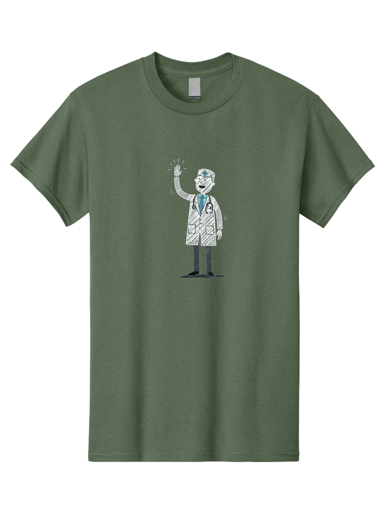 Doctor-Waving Men'S Graphic Tee, 100% Cotton, Comfortable Casual Summer Wear, Machine Washable, Doctor Waving, Medical Professional, Stethoscope, Friendly Greeting, Healthcare Worker, Cartoon Illustration, Waving Hand Baa488