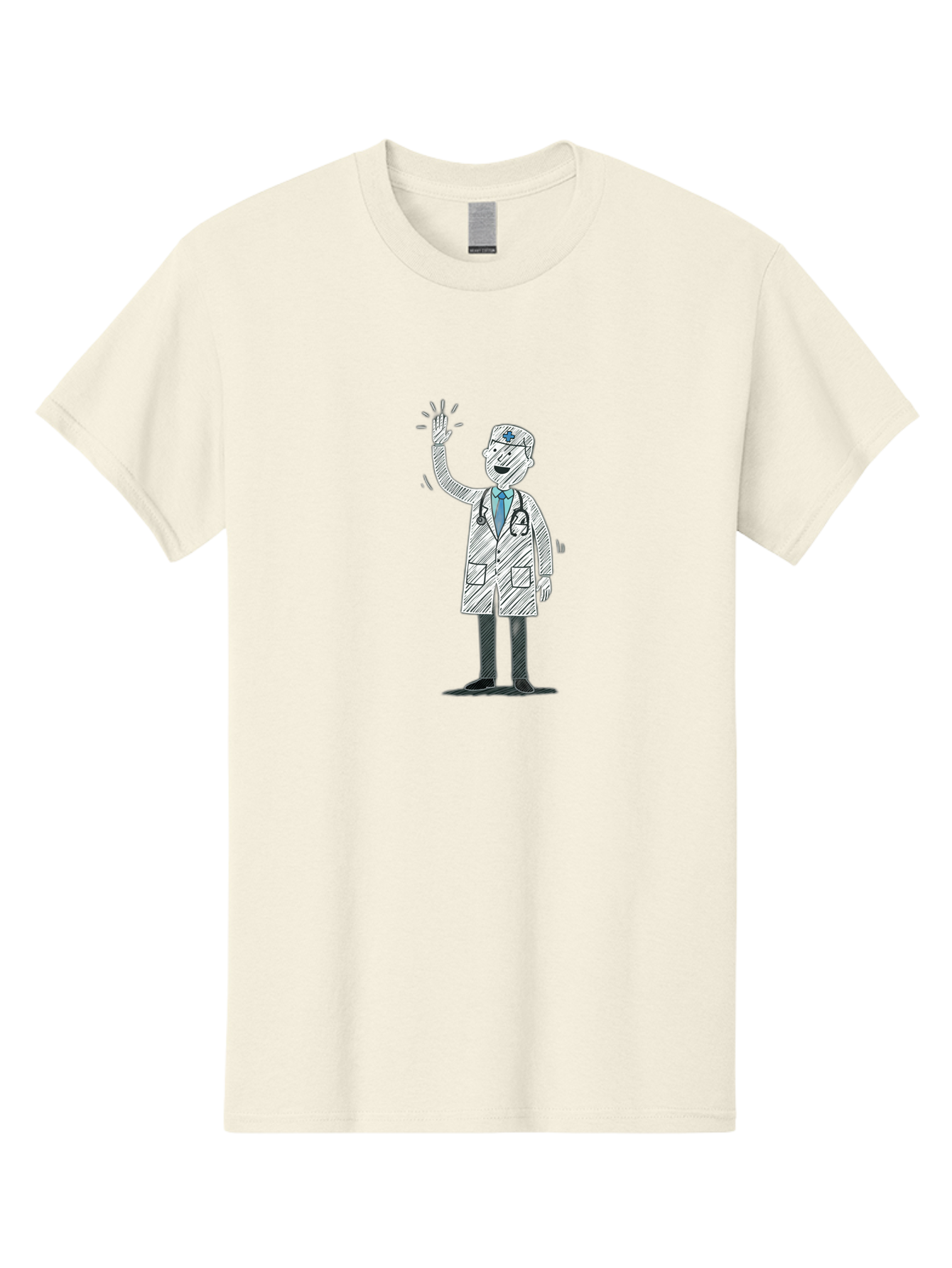 Doctor-Waving Men'S Graphic Tee, 100% Cotton, Comfortable Casual Summer Wear, Machine Washable, Doctor Waving, Medical Professional, Stethoscope, Friendly Greeting, Healthcare Worker, Cartoon Illustration, Waving Hand Baa488