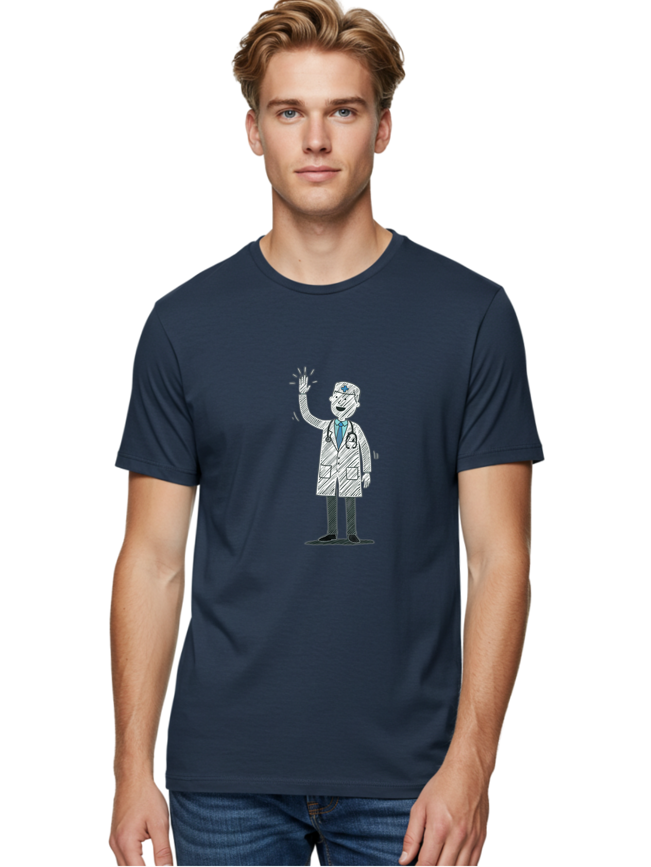 Doctor-Waving Men'S Graphic Tee, 100% Cotton, Comfortable Casual Summer Wear, Machine Washable, Doctor Waving, Medical Professional, Stethoscope, Friendly Greeting, Healthcare Worker, Cartoon Illustration, Waving Hand Baa488