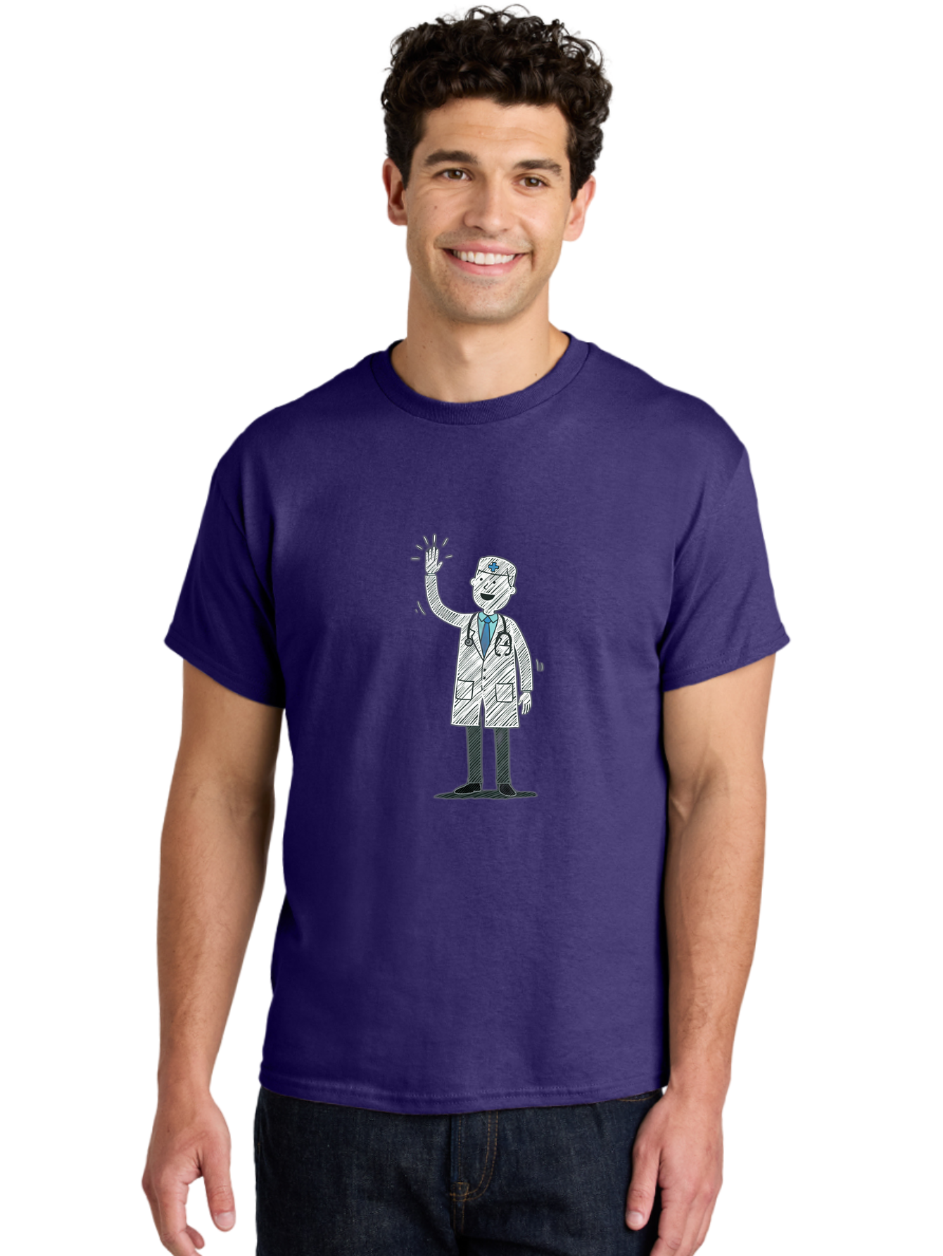 Doctor-Waving Men'S Graphic Tee, 100% Cotton, Comfortable Casual Summer Wear, Machine Washable, Doctor Waving, Medical Professional, Stethoscope, Friendly Greeting, Healthcare Worker, Cartoon Illustration, Waving Hand Baa488