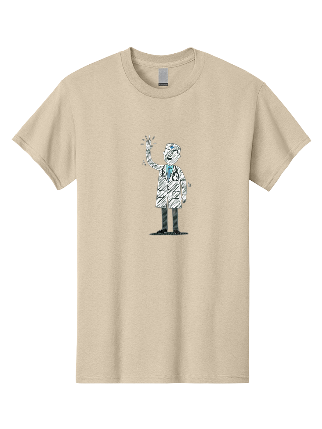 Doctor-Waving Men'S Graphic Tee, 100% Cotton, Comfortable Casual Summer Wear, Machine Washable, Doctor Waving, Medical Professional, Stethoscope, Friendly Greeting, Healthcare Worker, Cartoon Illustration, Waving Hand Baa488