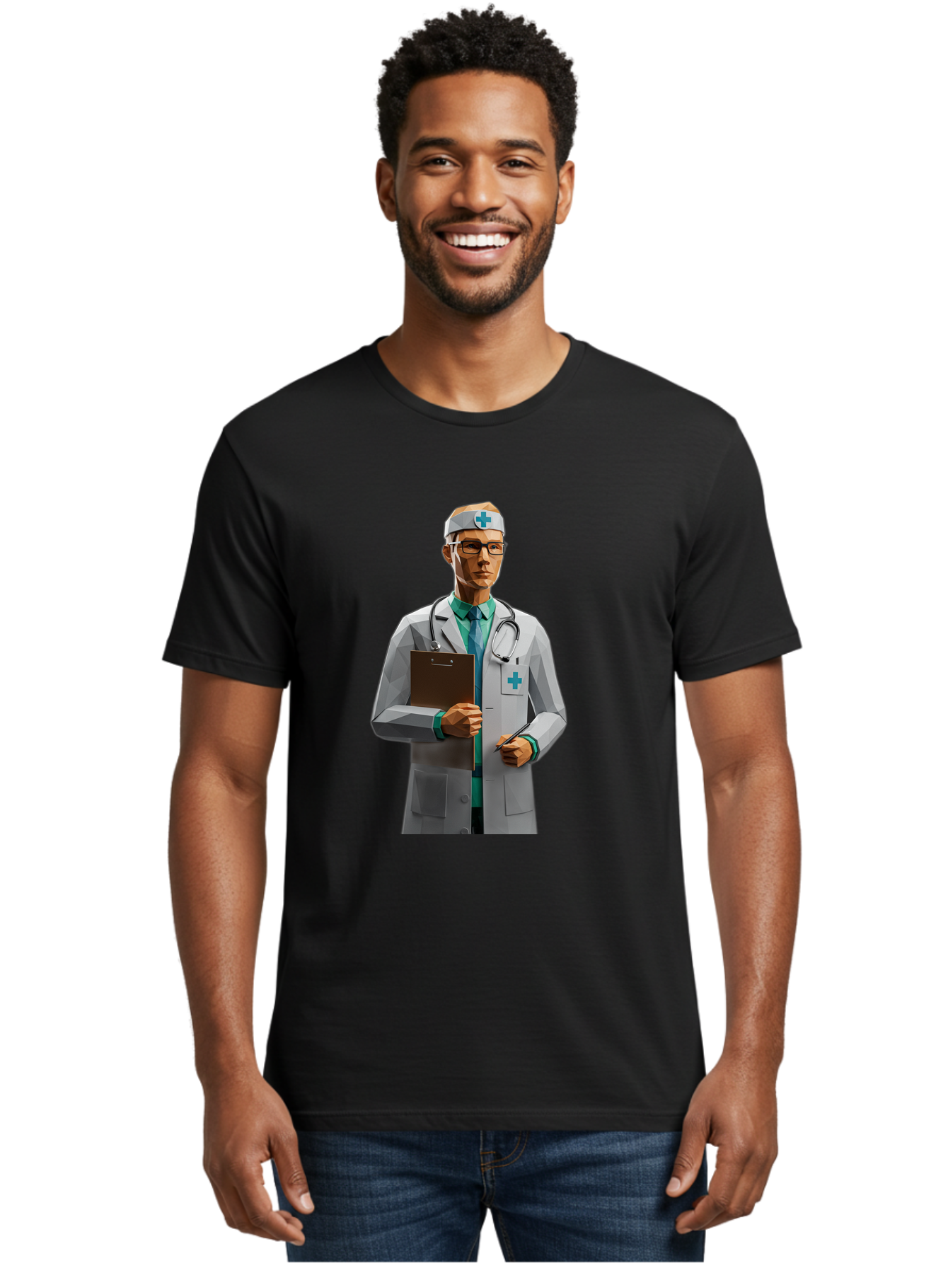 Doctor-With-Clipboard Men'S Graphic Tee, 100% Cotton, Comfortable Casual Summer Wear, Machine Washable, Male Doctor, White Lab Coat, Blue Cross, Stethoscope, Clipboard, Medical Professional, Healthcare Worker, Glasses, Serious Expression, Baa489