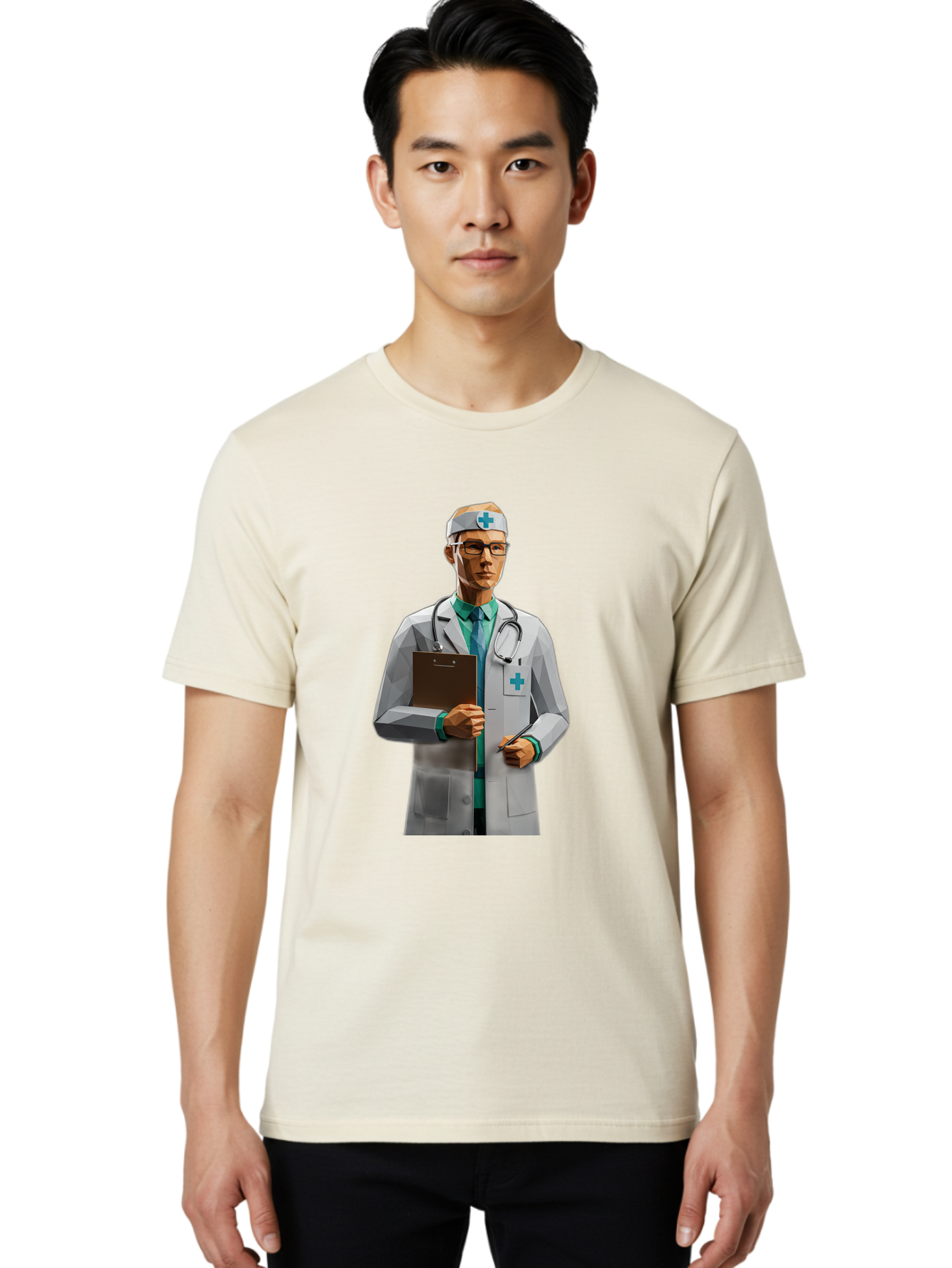Doctor-With-Clipboard Men'S Graphic Tee, 100% Cotton, Comfortable Casual Summer Wear, Machine Washable, Male Doctor, White Lab Coat, Blue Cross, Stethoscope, Clipboard, Medical Professional, Healthcare Worker, Glasses, Serious Expression, Baa489