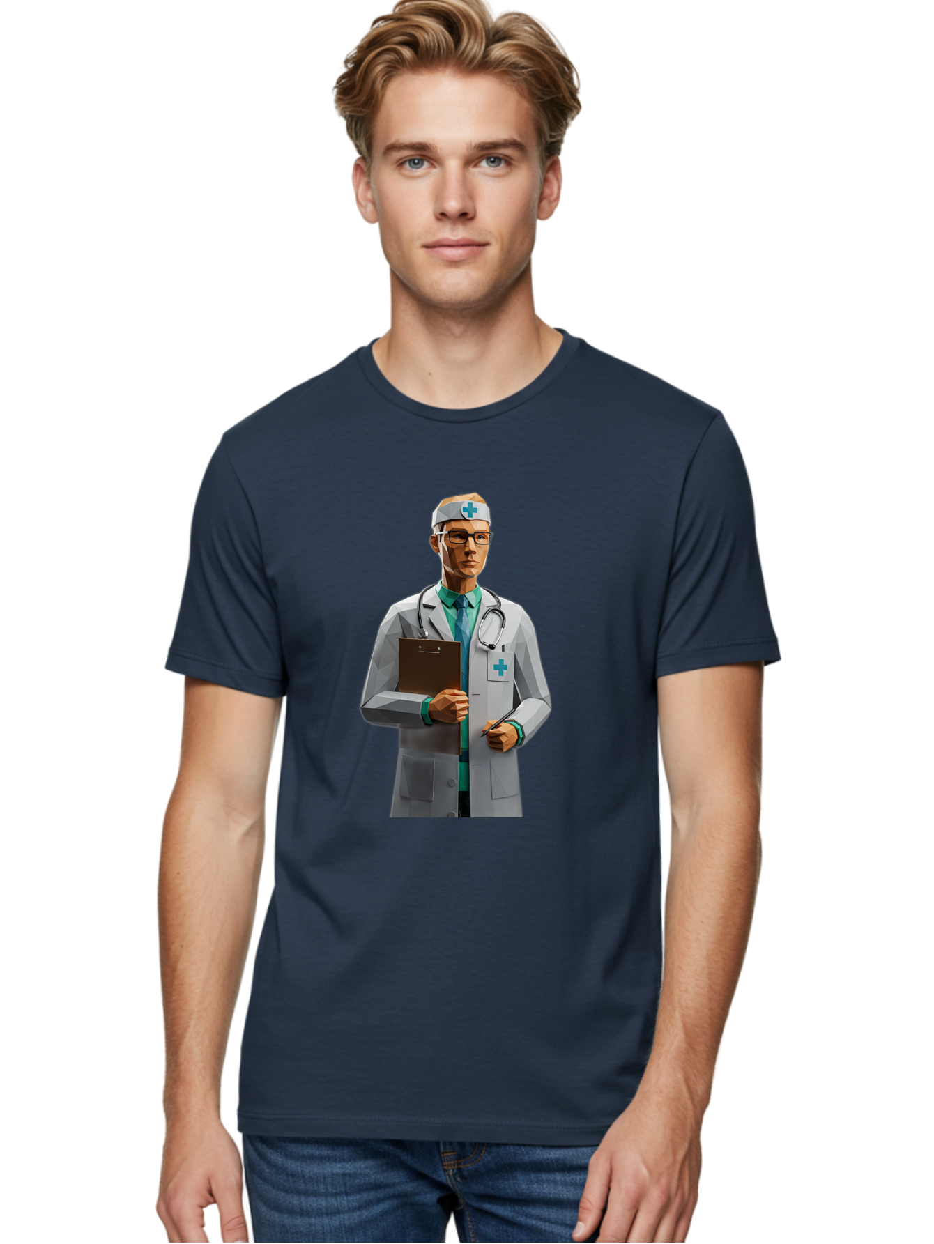 Doctor-With-Clipboard Men'S Graphic Tee, 100% Cotton, Comfortable Casual Summer Wear, Machine Washable, Male Doctor, White Lab Coat, Blue Cross, Stethoscope, Clipboard, Medical Professional, Healthcare Worker, Glasses, Serious Expression, Baa489