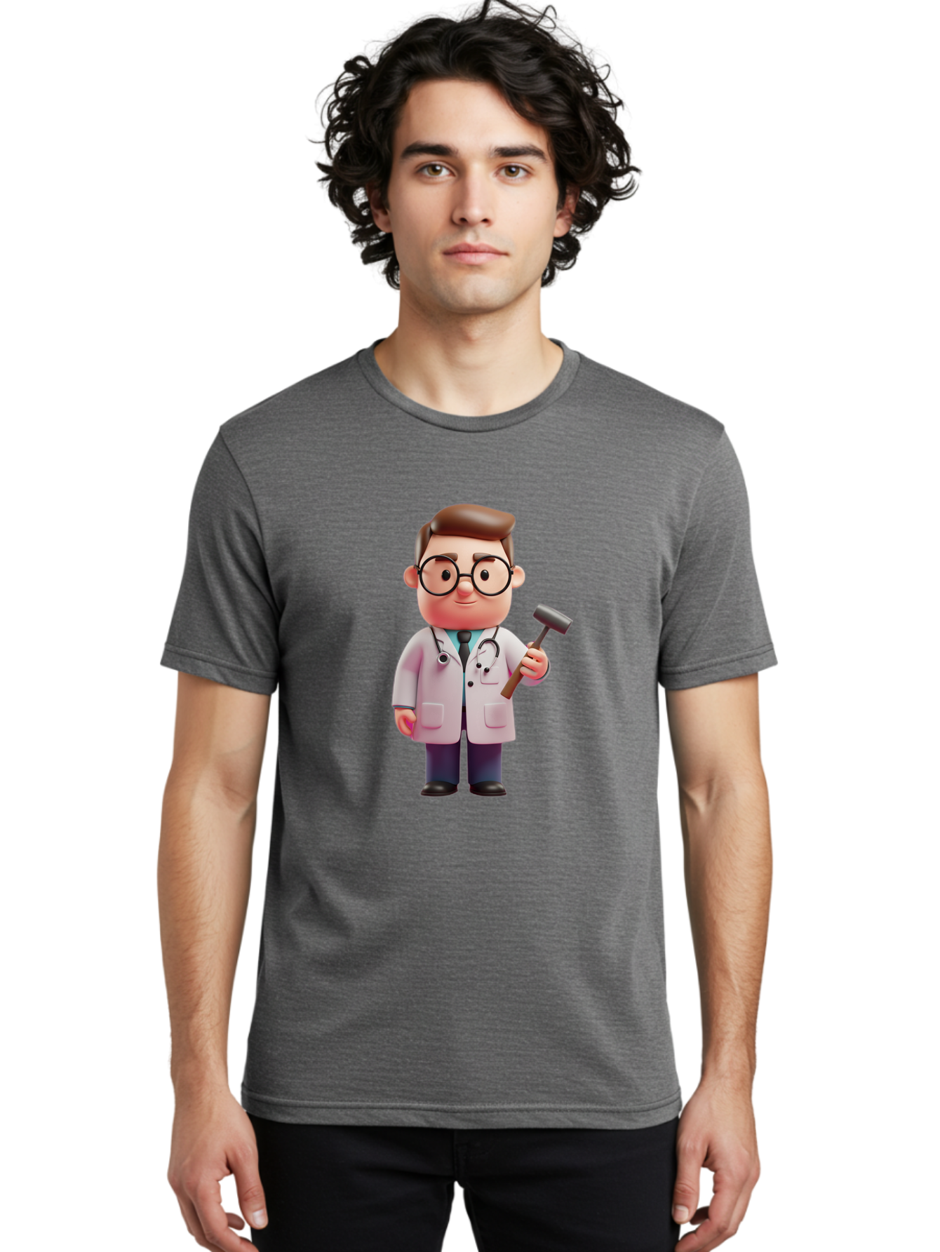Doctor-With-Reflex-Hammer Men'S Graphic Tee, 100% Cotton, Comfortable Casual Summer Wear, Machine Washable, Cartoon Doctor, Reflex Hammer, Medical Professional, 3D Character, Healthcare, Medical Tools, Stethoscope, Medical Examination Baa490