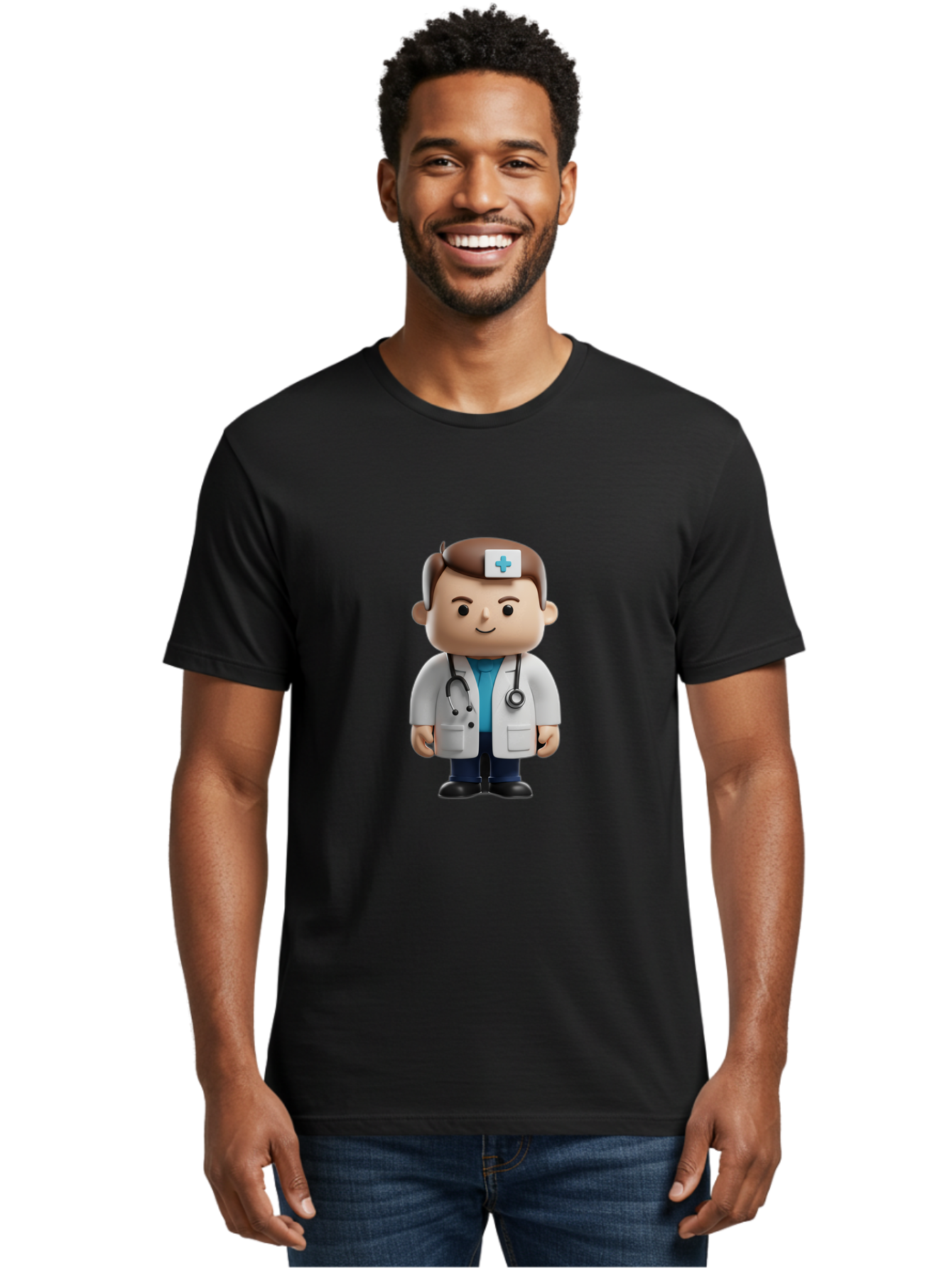 Doctor-With-Stethoscope Men'S Graphic Tee, 100% Cotton, Comfortable Casual Summer Wear, Machine Washable, Cartoon Doctor, Medical Professional, White Lab Coat, Stethoscope, Blue Cross, Healthcare Worker, Friendly Physician, Medical Symbol Baa491