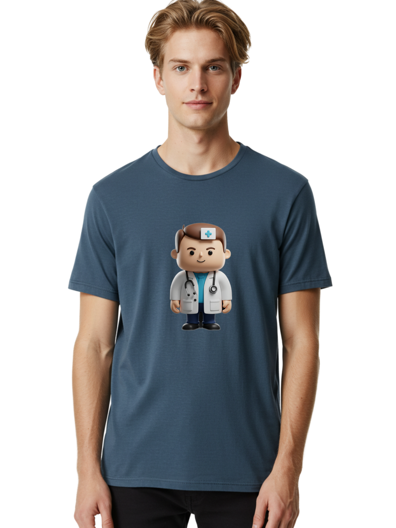 Doctor-With-Stethoscope Men'S Graphic Tee, 100% Cotton, Comfortable Casual Summer Wear, Machine Washable, Cartoon Doctor, Medical Professional, White Lab Coat, Stethoscope, Blue Cross, Healthcare Worker, Friendly Physician, Medical Symbol Baa491