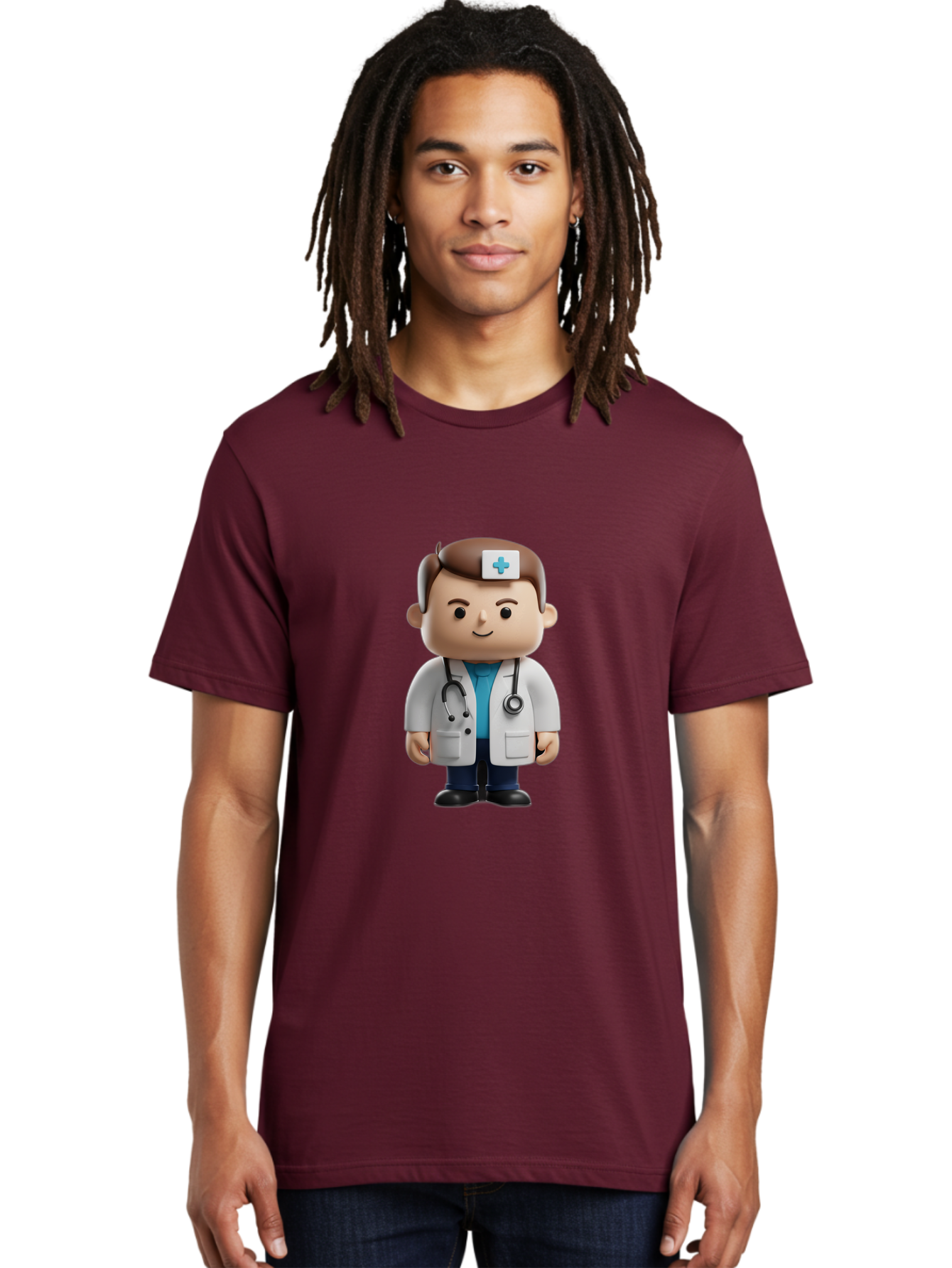 Doctor-With-Stethoscope Men'S Graphic Tee, 100% Cotton, Comfortable Casual Summer Wear, Machine Washable, Cartoon Doctor, Medical Professional, White Lab Coat, Stethoscope, Blue Cross, Healthcare Worker, Friendly Physician, Medical Symbol Baa491