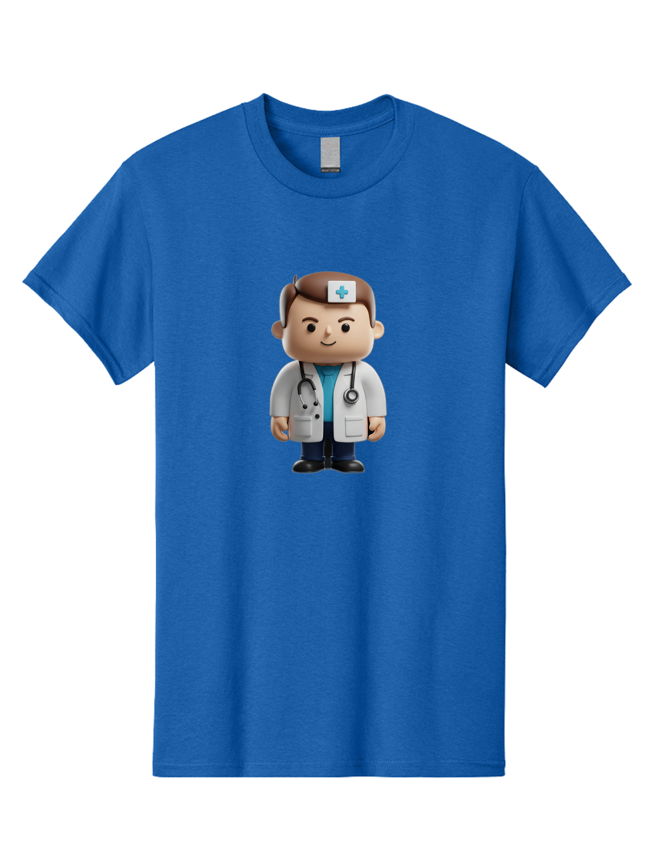 Doctor-With-Stethoscope Men'S Graphic Tee, 100% Cotton, Comfortable Casual Summer Wear, Machine Washable, Cartoon Doctor, Medical Professional, White Lab Coat, Stethoscope, Blue Cross, Healthcare Worker, Friendly Physician, Medical Symbol Baa491