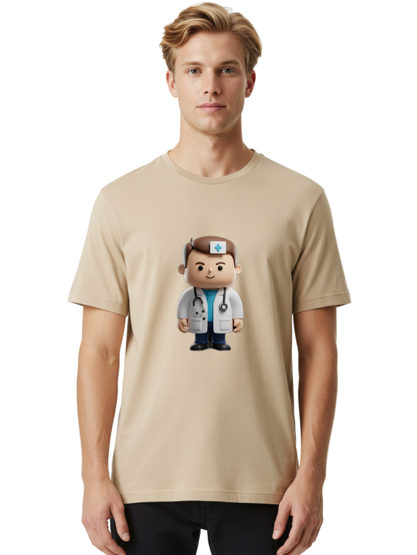 Doctor-With-Stethoscope Men'S Graphic Tee, 100% Cotton, Comfortable Casual Summer Wear, Machine Washable, Cartoon Doctor, Medical Professional, White Lab Coat, Stethoscope, Blue Cross, Healthcare Worker, Friendly Physician, Medical Symbol Baa491
