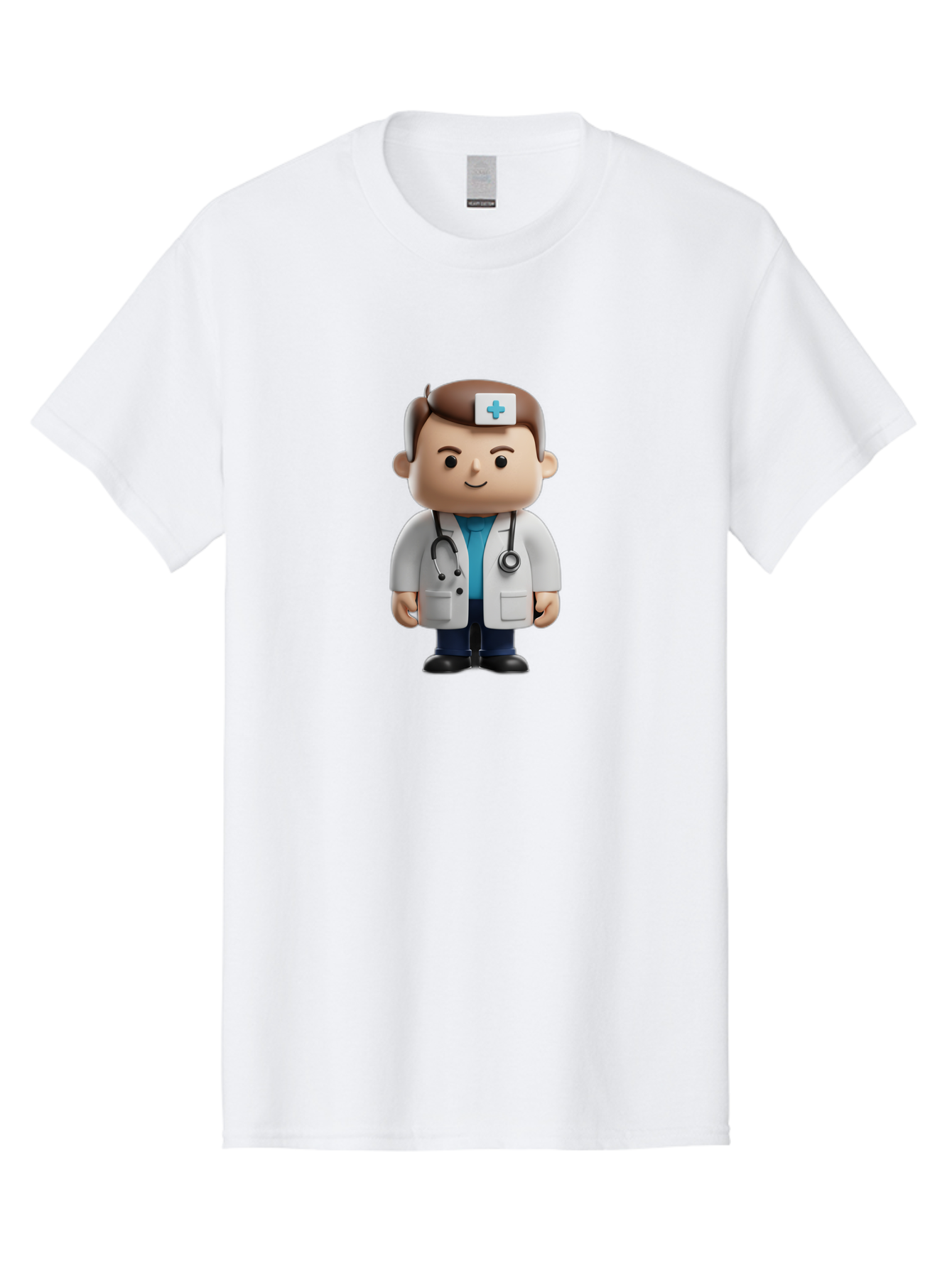 Doctor-With-Stethoscope Men'S Graphic Tee, 100% Cotton, Comfortable Casual Summer Wear, Machine Washable, Cartoon Doctor, Medical Professional, White Lab Coat, Stethoscope, Blue Cross, Healthcare Worker, Friendly Physician, Medical Symbol Baa491