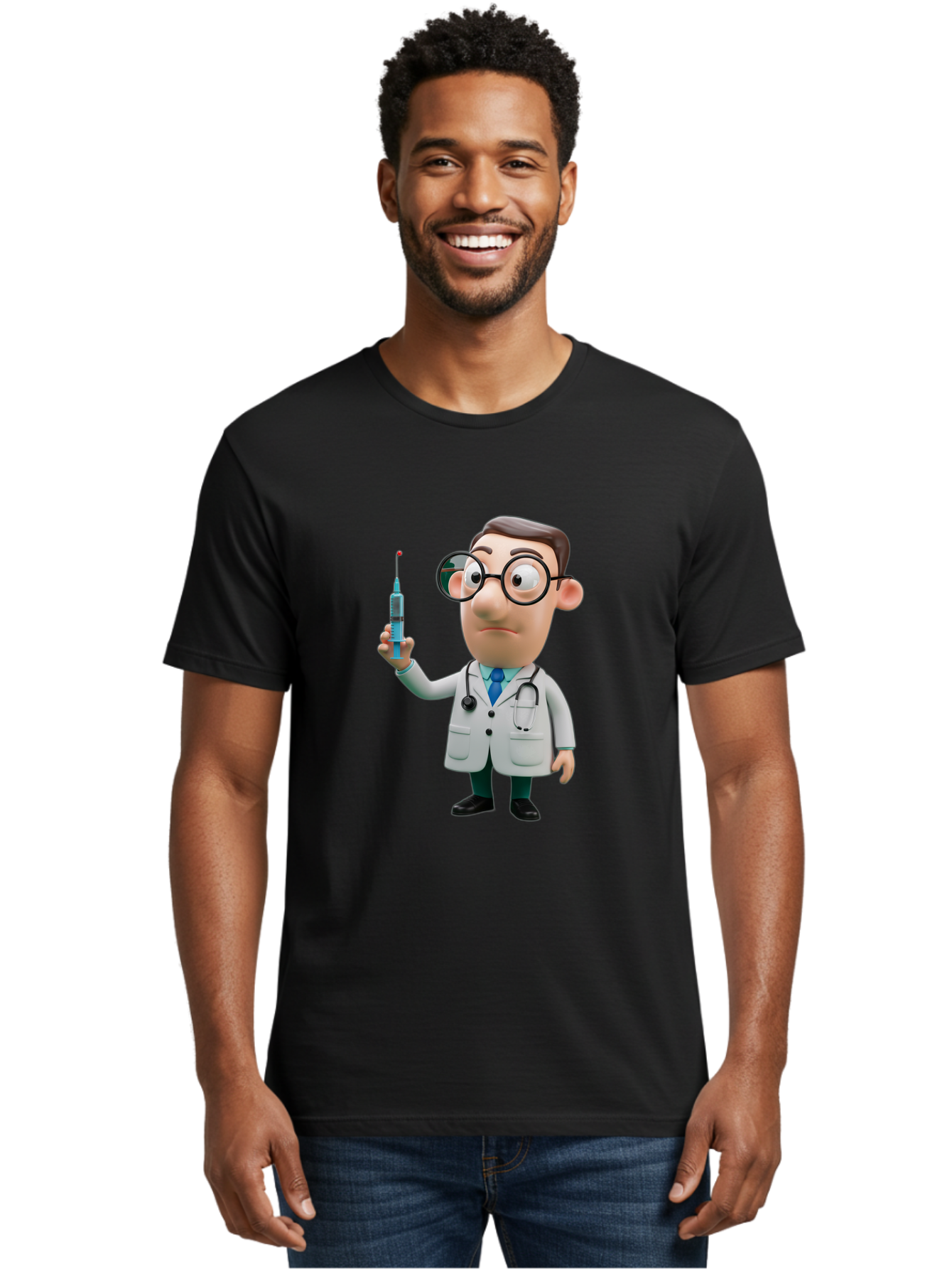 Doctor-With-Syringe Men'S Graphic Tee, 100% Cotton, Comfortable Casual Summer Wear, Machine Washable, Cartoon Doctor, Medical Professional, Syringe Injection, Healthcare Worker, Vaccination, Medicine, Doctor Character, Medical Illustration, Baa492