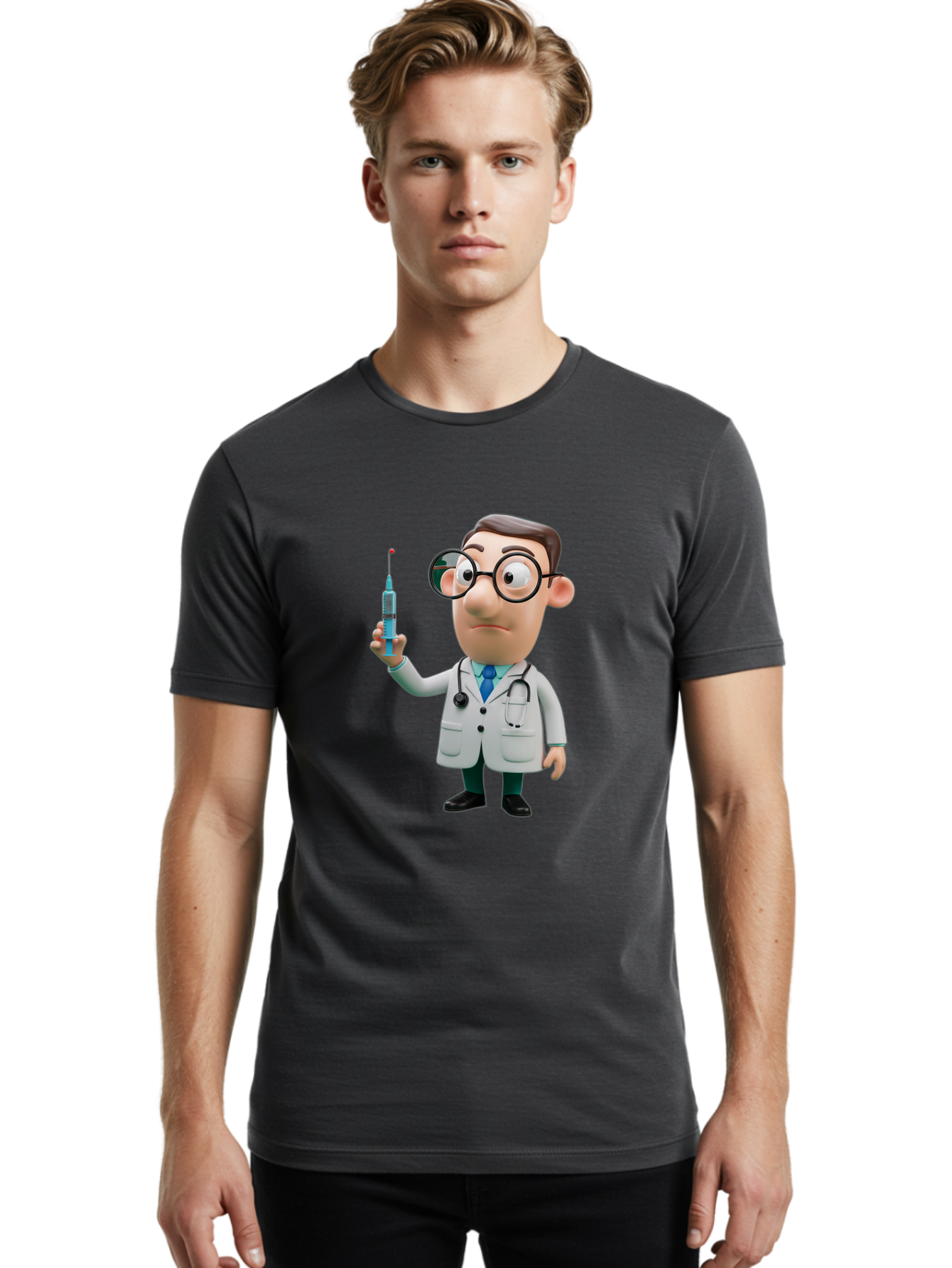 Doctor-With-Syringe Men'S Graphic Tee, 100% Cotton, Comfortable Casual Summer Wear, Machine Washable, Cartoon Doctor, Medical Professional, Syringe Injection, Healthcare Worker, Vaccination, Medicine, Doctor Character, Medical Illustration, Baa492