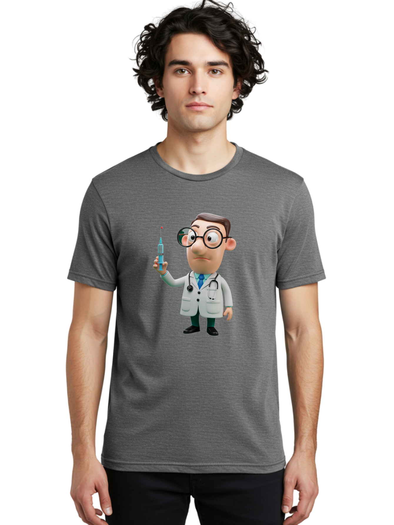 Doctor-With-Syringe Men'S Graphic Tee, 100% Cotton, Comfortable Casual Summer Wear, Machine Washable, Cartoon Doctor, Medical Professional, Syringe Injection, Healthcare Worker, Vaccination, Medicine, Doctor Character, Medical Illustration, Baa492