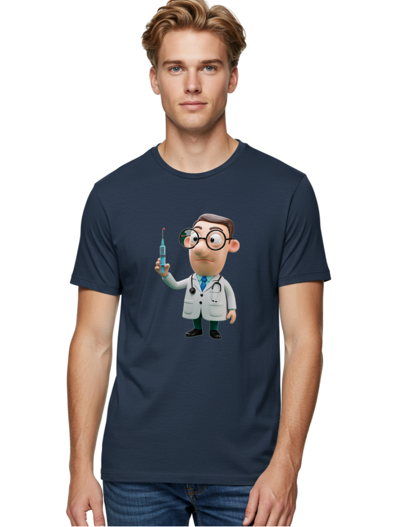 Doctor-With-Syringe Men'S Graphic Tee, 100% Cotton, Comfortable Casual Summer Wear, Machine Washable, Cartoon Doctor, Medical Professional, Syringe Injection, Healthcare Worker, Vaccination, Medicine, Doctor Character, Medical Illustration, Baa492