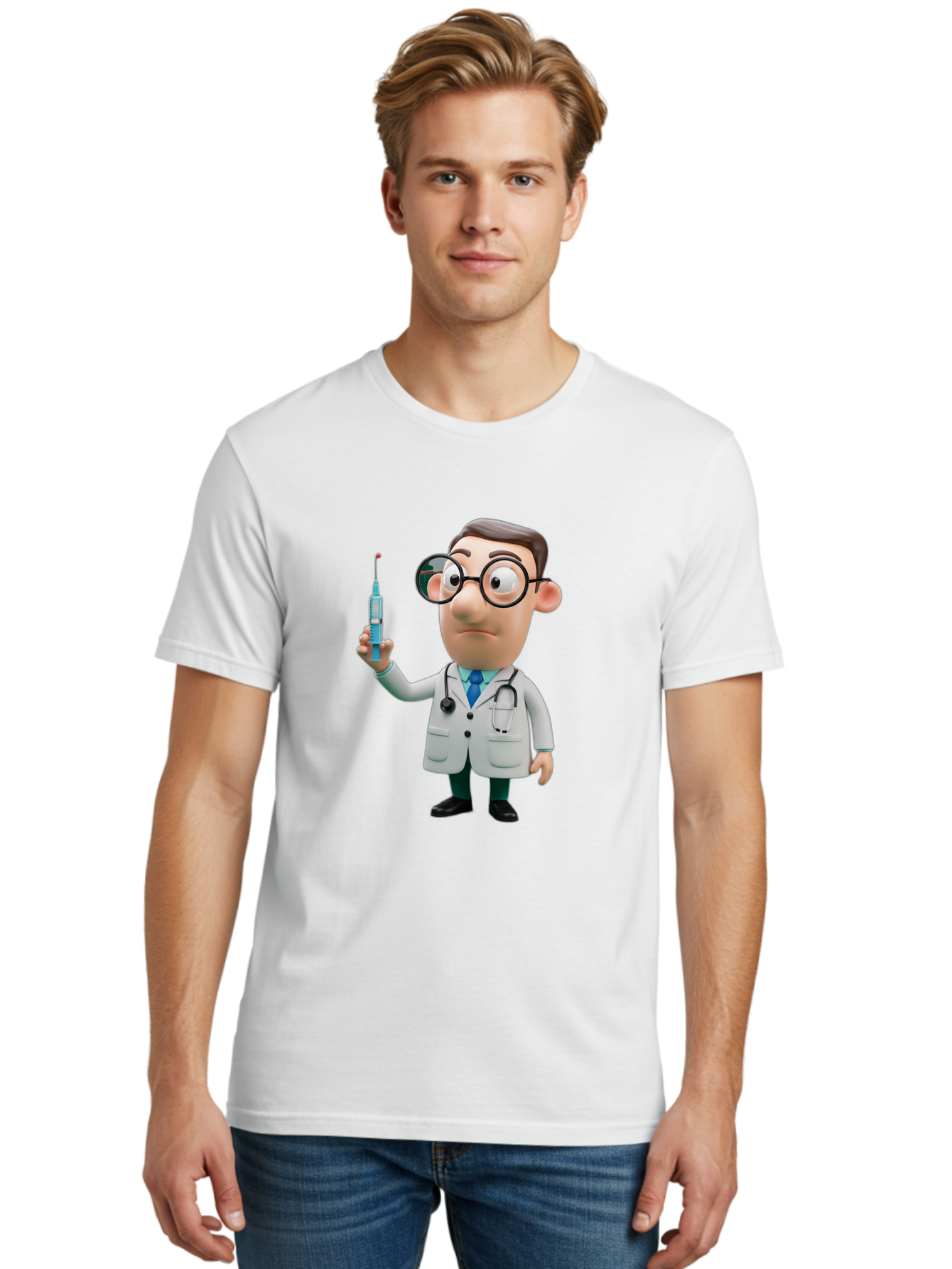 Doctor-With-Syringe Men'S Graphic Tee, 100% Cotton, Comfortable Casual Summer Wear, Machine Washable, Cartoon Doctor, Medical Professional, Syringe Injection, Healthcare Worker, Vaccination, Medicine, Doctor Character, Medical Illustration, Baa492