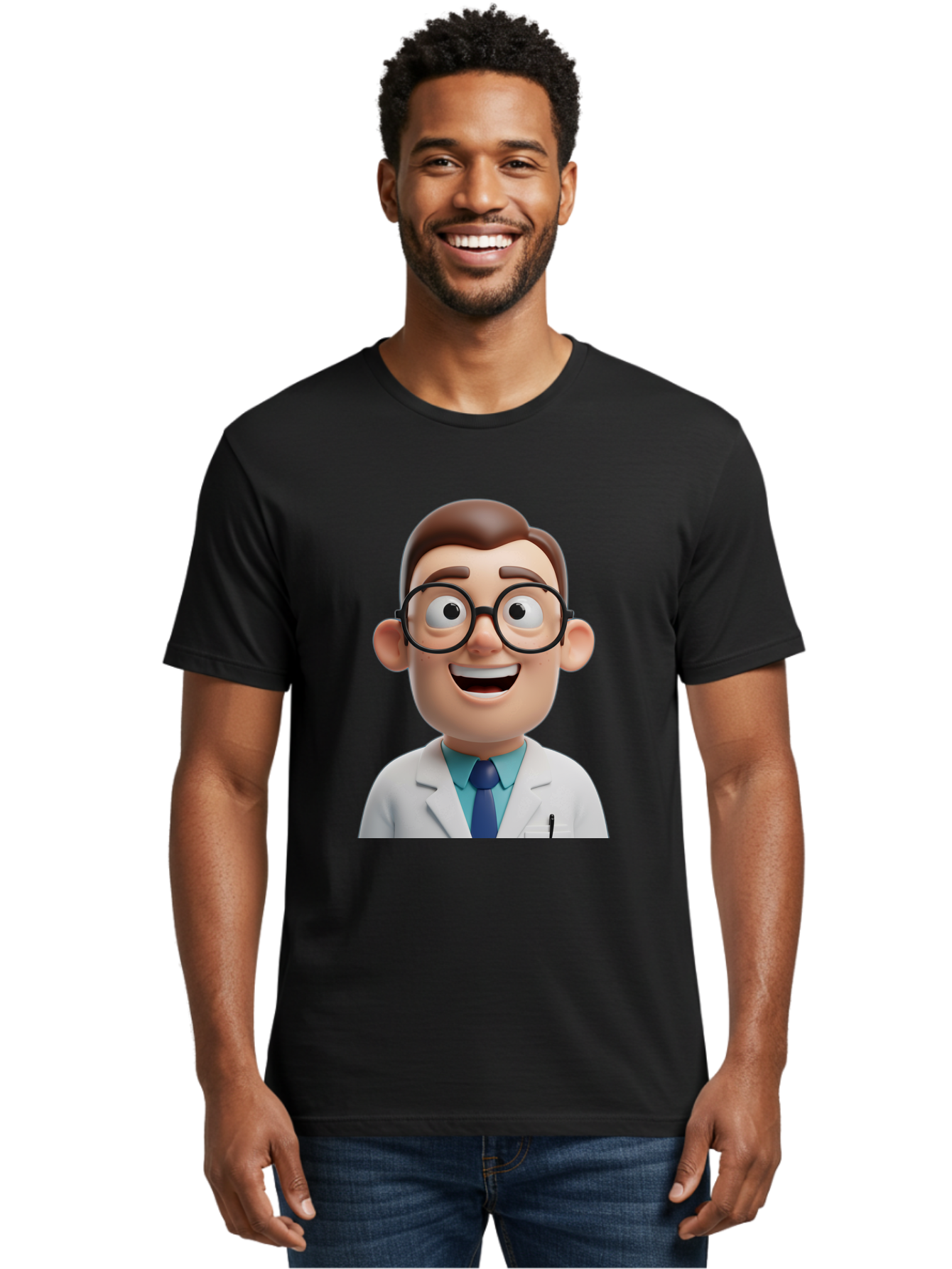 Doctor Men'S Graphic Tee, 100% Cotton, Comfortable Casual Summer Wear, Machine Washable, Smiling Doctor, Cartoon Character, 3D Illustration, Glasses, White Lab Coat, Blue Shirt, Striped Tie, Friendly Demeanor, Professional Attire, Baa493