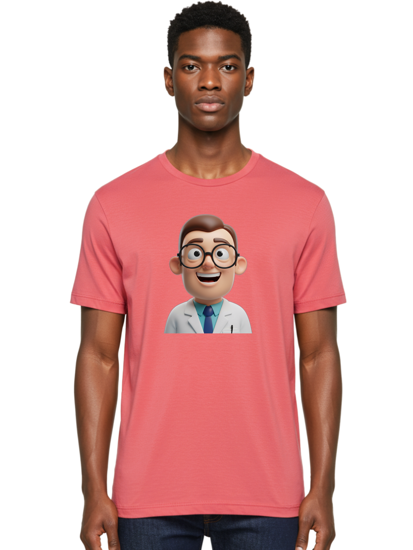 Doctor Men'S Graphic Tee, 100% Cotton, Comfortable Casual Summer Wear, Machine Washable, Smiling Doctor, Cartoon Character, 3D Illustration, Glasses, White Lab Coat, Blue Shirt, Striped Tie, Friendly Demeanor, Professional Attire, Baa493