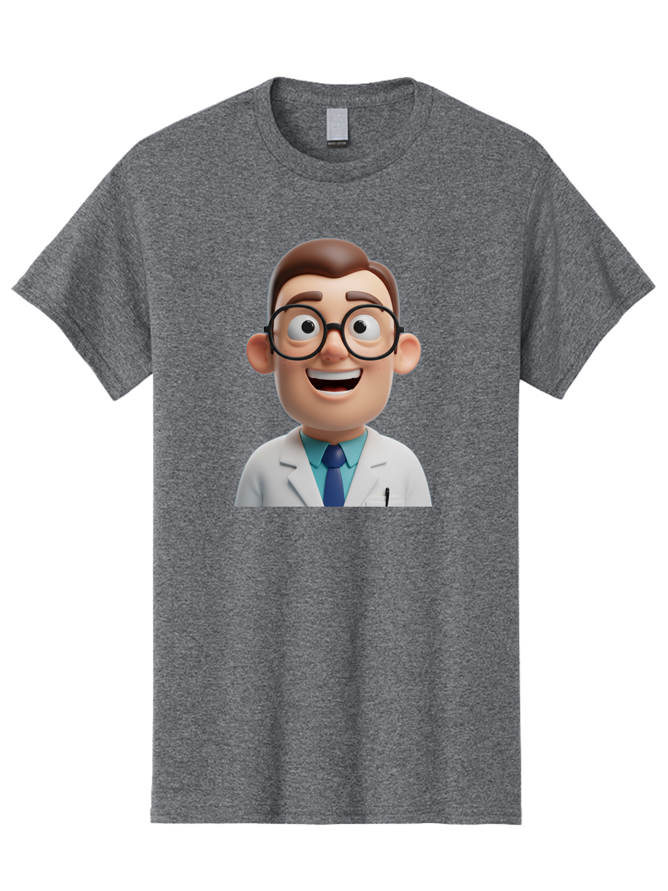 Doctor Men'S Graphic Tee, 100% Cotton, Comfortable Casual Summer Wear, Machine Washable, Smiling Doctor, Cartoon Character, 3D Illustration, Glasses, White Lab Coat, Blue Shirt, Striped Tie, Friendly Demeanor, Professional Attire, Baa493