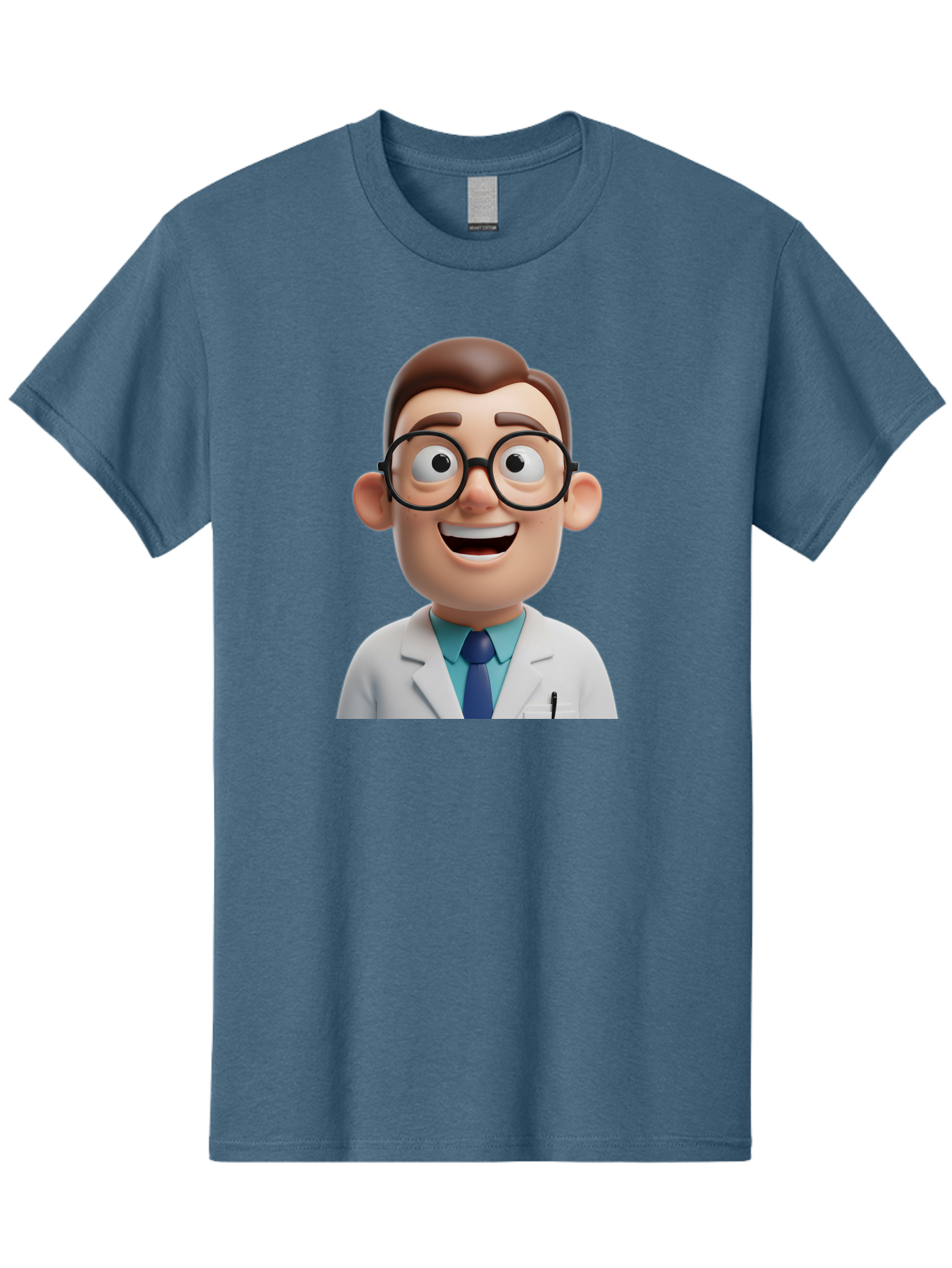 Doctor Men'S Graphic Tee, 100% Cotton, Comfortable Casual Summer Wear, Machine Washable, Smiling Doctor, Cartoon Character, 3D Illustration, Glasses, White Lab Coat, Blue Shirt, Striped Tie, Friendly Demeanor, Professional Attire, Baa493