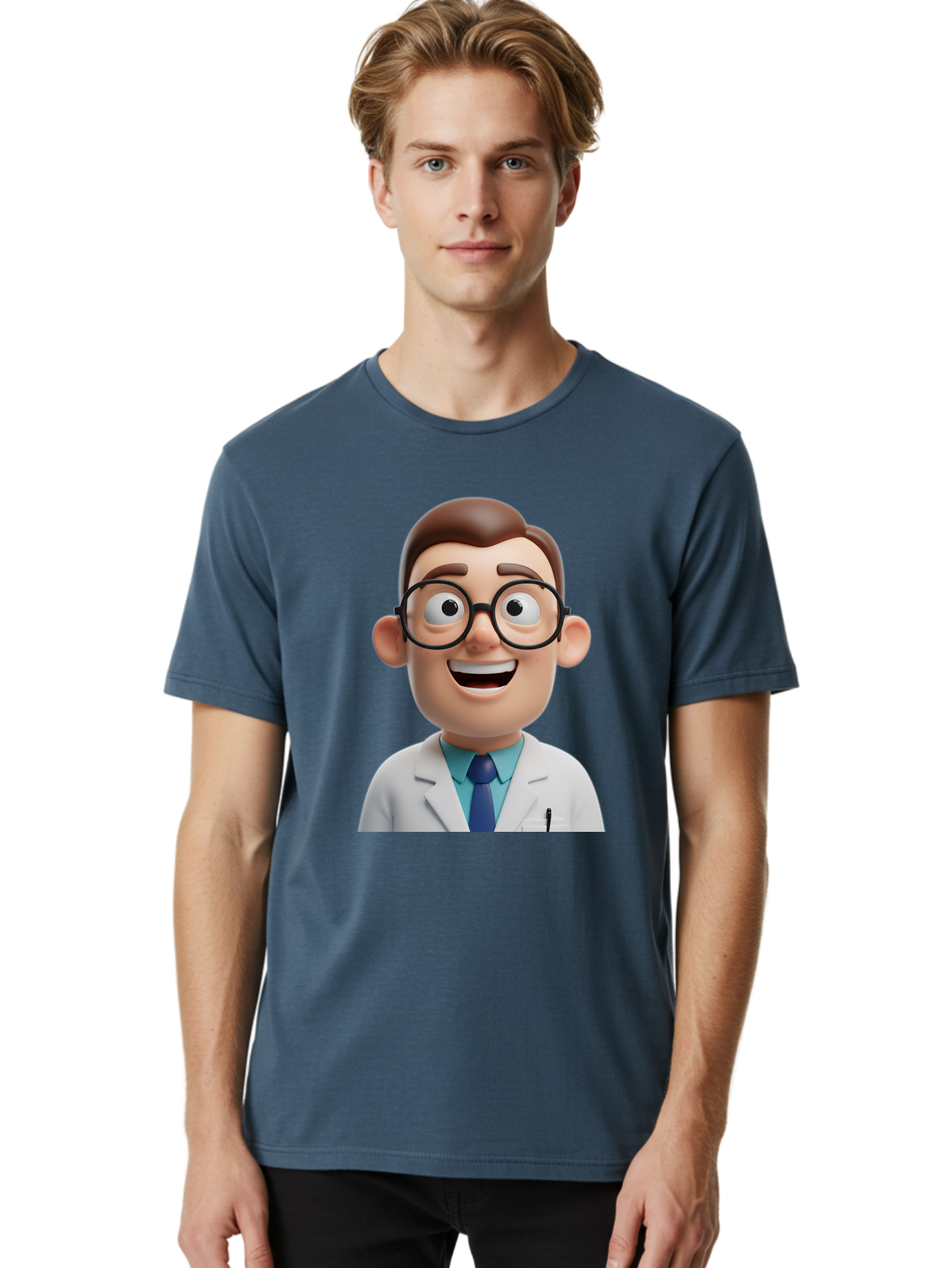 Doctor Men'S Graphic Tee, 100% Cotton, Comfortable Casual Summer Wear, Machine Washable, Smiling Doctor, Cartoon Character, 3D Illustration, Glasses, White Lab Coat, Blue Shirt, Striped Tie, Friendly Demeanor, Professional Attire, Baa493