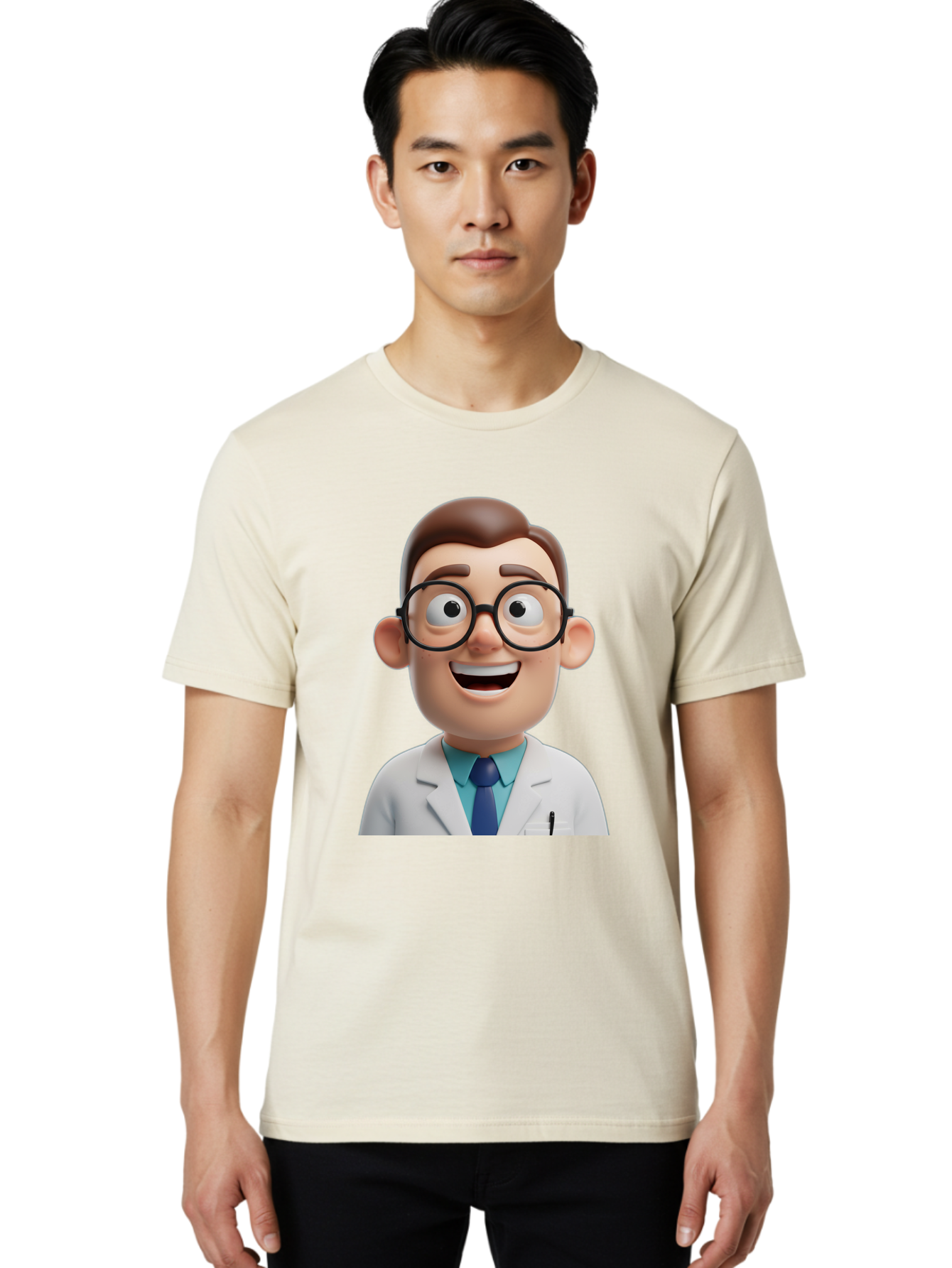 Doctor Men'S Graphic Tee, 100% Cotton, Comfortable Casual Summer Wear, Machine Washable, Smiling Doctor, Cartoon Character, 3D Illustration, Glasses, White Lab Coat, Blue Shirt, Striped Tie, Friendly Demeanor, Professional Attire, Baa493