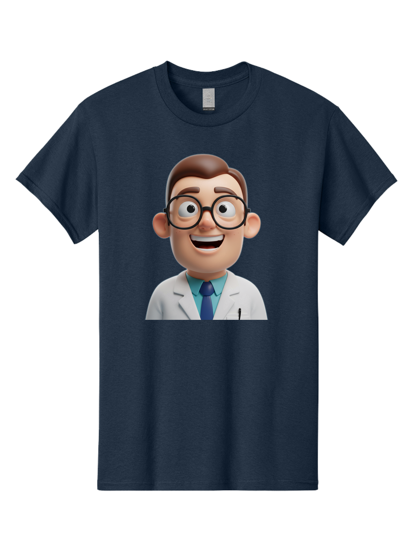 Doctor Men'S Graphic Tee, 100% Cotton, Comfortable Casual Summer Wear, Machine Washable, Smiling Doctor, Cartoon Character, 3D Illustration, Glasses, White Lab Coat, Blue Shirt, Striped Tie, Friendly Demeanor, Professional Attire, Baa493