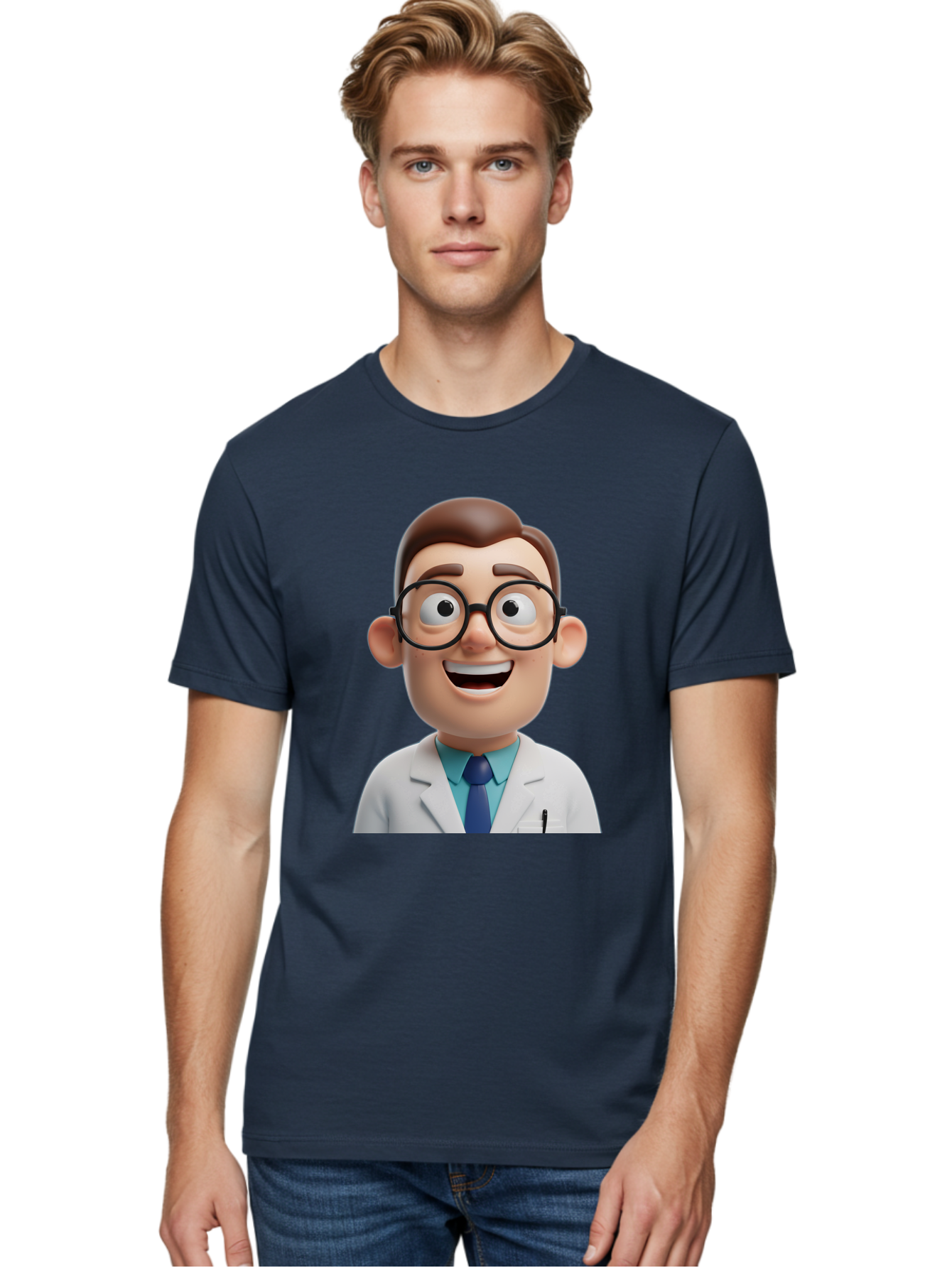 Doctor Men'S Graphic Tee, 100% Cotton, Comfortable Casual Summer Wear, Machine Washable, Smiling Doctor, Cartoon Character, 3D Illustration, Glasses, White Lab Coat, Blue Shirt, Striped Tie, Friendly Demeanor, Professional Attire, Baa493