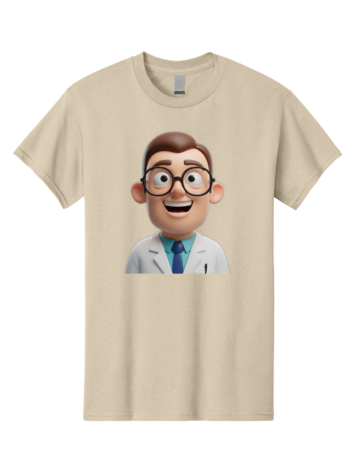 Doctor Men'S Graphic Tee, 100% Cotton, Comfortable Casual Summer Wear, Machine Washable, Smiling Doctor, Cartoon Character, 3D Illustration, Glasses, White Lab Coat, Blue Shirt, Striped Tie, Friendly Demeanor, Professional Attire, Baa493