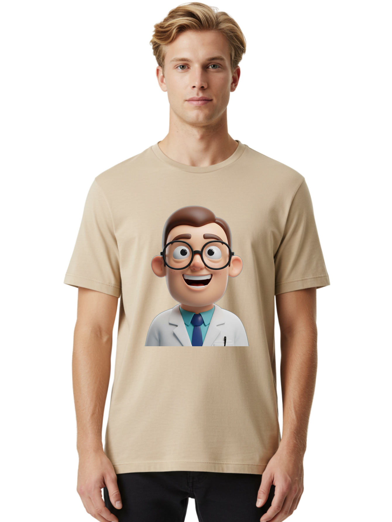 Doctor Men'S Graphic Tee, 100% Cotton, Comfortable Casual Summer Wear, Machine Washable, Smiling Doctor, Cartoon Character, 3D Illustration, Glasses, White Lab Coat, Blue Shirt, Striped Tie, Friendly Demeanor, Professional Attire, Baa493