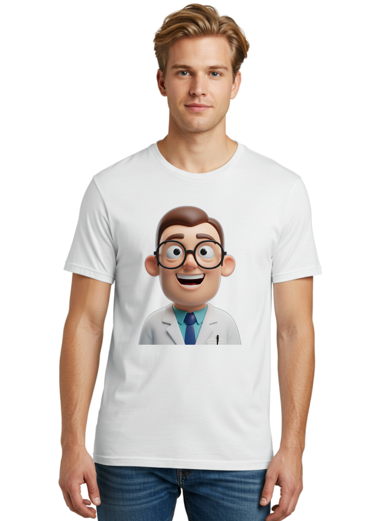 Doctor Men'S Graphic Tee, 100% Cotton, Comfortable Casual Summer Wear, Machine Washable, Smiling Doctor, Cartoon Character, 3D Illustration, Glasses, White Lab Coat, Blue Shirt, Striped Tie, Friendly Demeanor, Professional Attire, Baa493