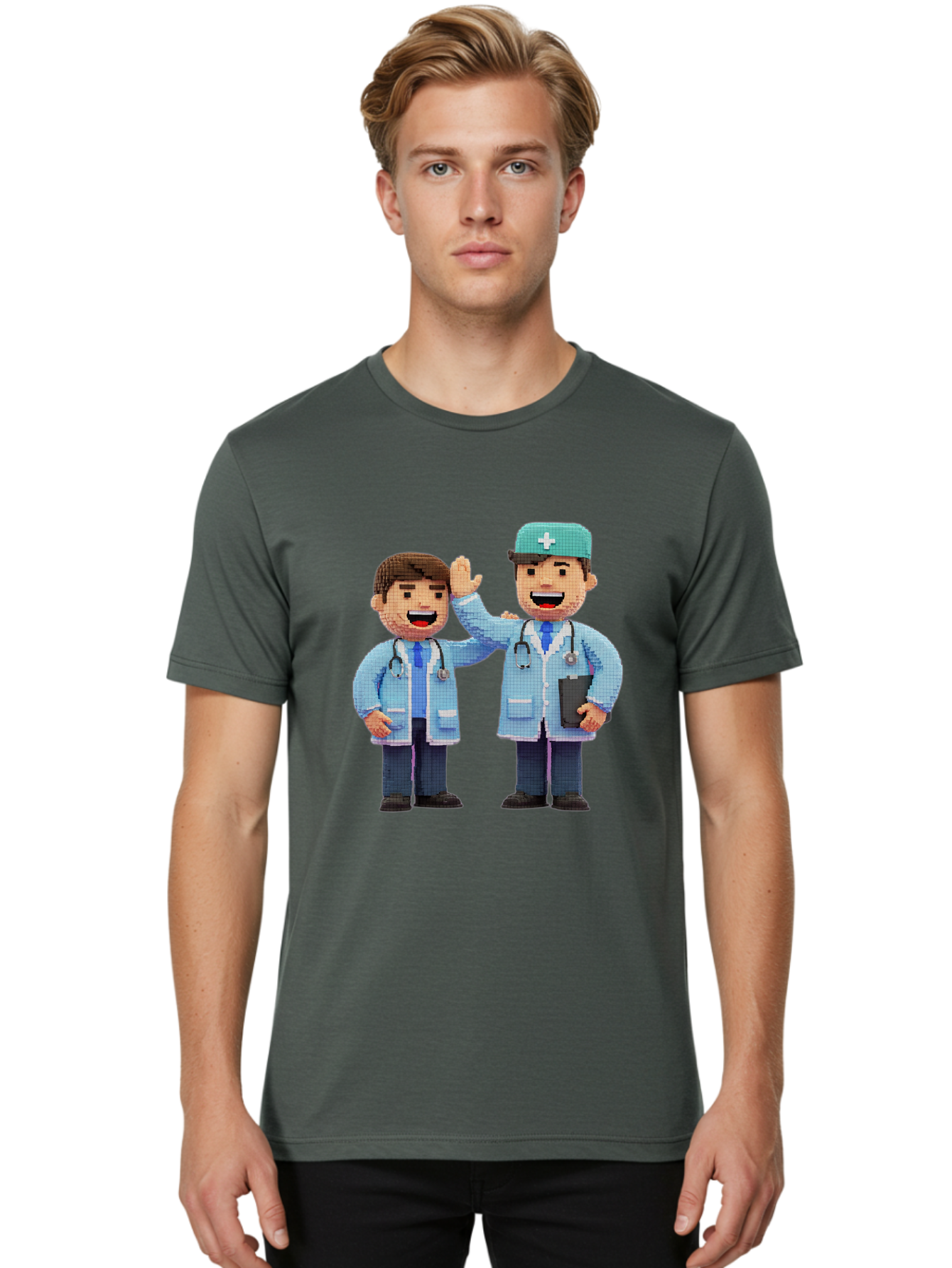 Doctors Men'S Graphic Tee, 100% Cotton, Comfortable Casual Summer Wear, Machine Washable, Doctors High Fiving, Medical Professionals, Healthcare Workers, Pixel Art, Stethoscope, Doctor'S Coat, Friendly Gesture, Teamwork Baa494