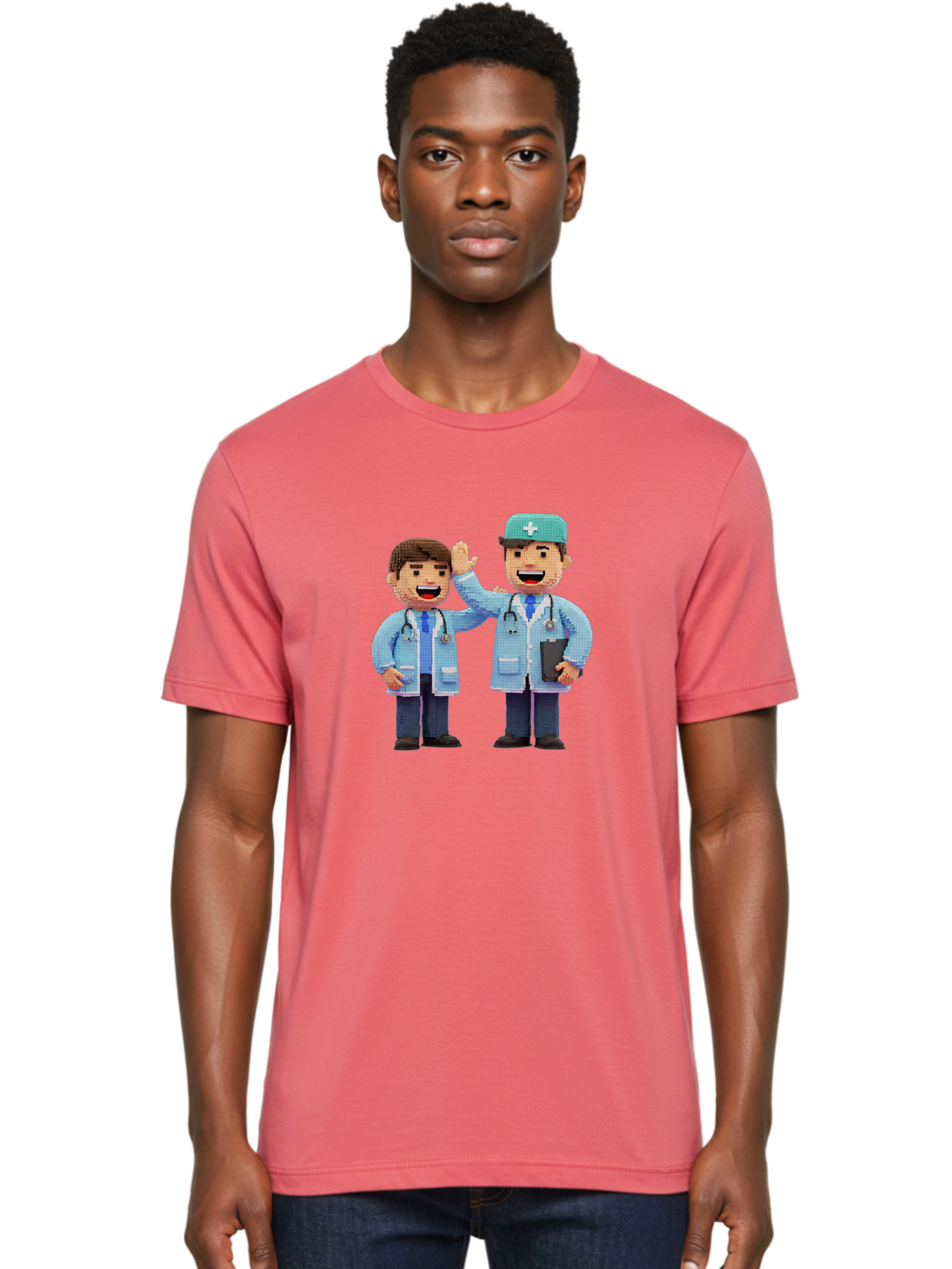 Doctors Men'S Graphic Tee, 100% Cotton, Comfortable Casual Summer Wear, Machine Washable, Doctors High Fiving, Medical Professionals, Healthcare Workers, Pixel Art, Stethoscope, Doctor'S Coat, Friendly Gesture, Teamwork Baa494