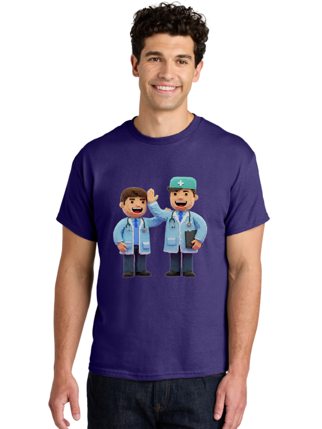 Doctors Men'S Graphic Tee, 100% Cotton, Comfortable Casual Summer Wear, Machine Washable, Doctors High Fiving, Medical Professionals, Healthcare Workers, Pixel Art, Stethoscope, Doctor'S Coat, Friendly Gesture, Teamwork Baa494
