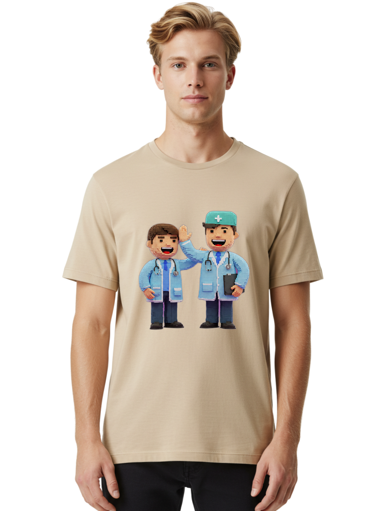 Doctors Men'S Graphic Tee, 100% Cotton, Comfortable Casual Summer Wear, Machine Washable, Doctors High Fiving, Medical Professionals, Healthcare Workers, Pixel Art, Stethoscope, Doctor'S Coat, Friendly Gesture, Teamwork Baa494