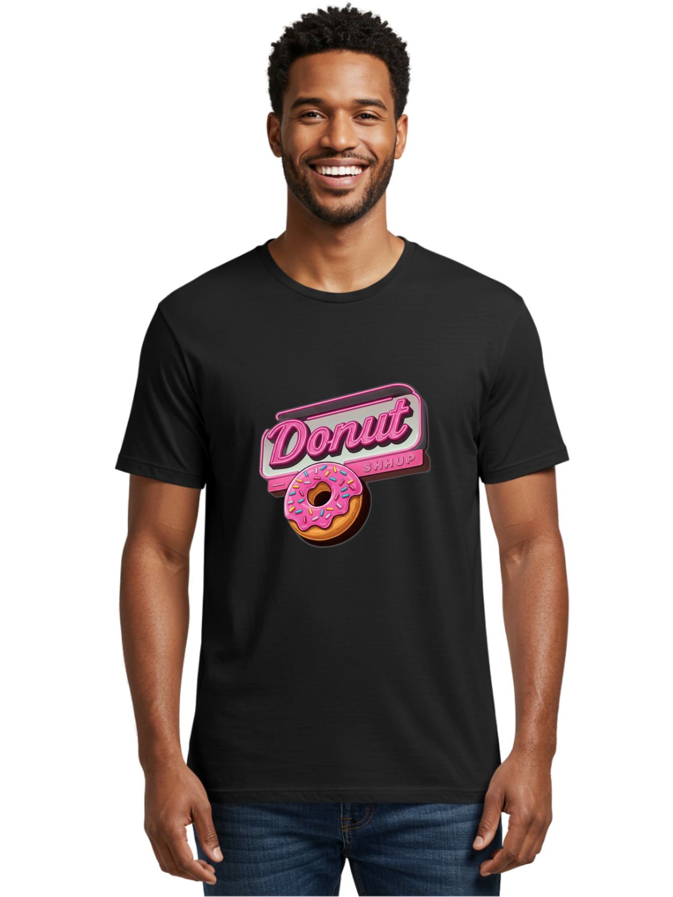 Donut-5 Men'S Graphic Tee, 100% Cotton, Comfortable Casual Summer Wear, Machine Washable, Donut With Pink Glaze And Sprinkles, Donut Shop Sign, Sweet Treats, Bakery, Dessert, Colorful, Pastel, Tasty, Donut Lover, Treat Yourself Baa499