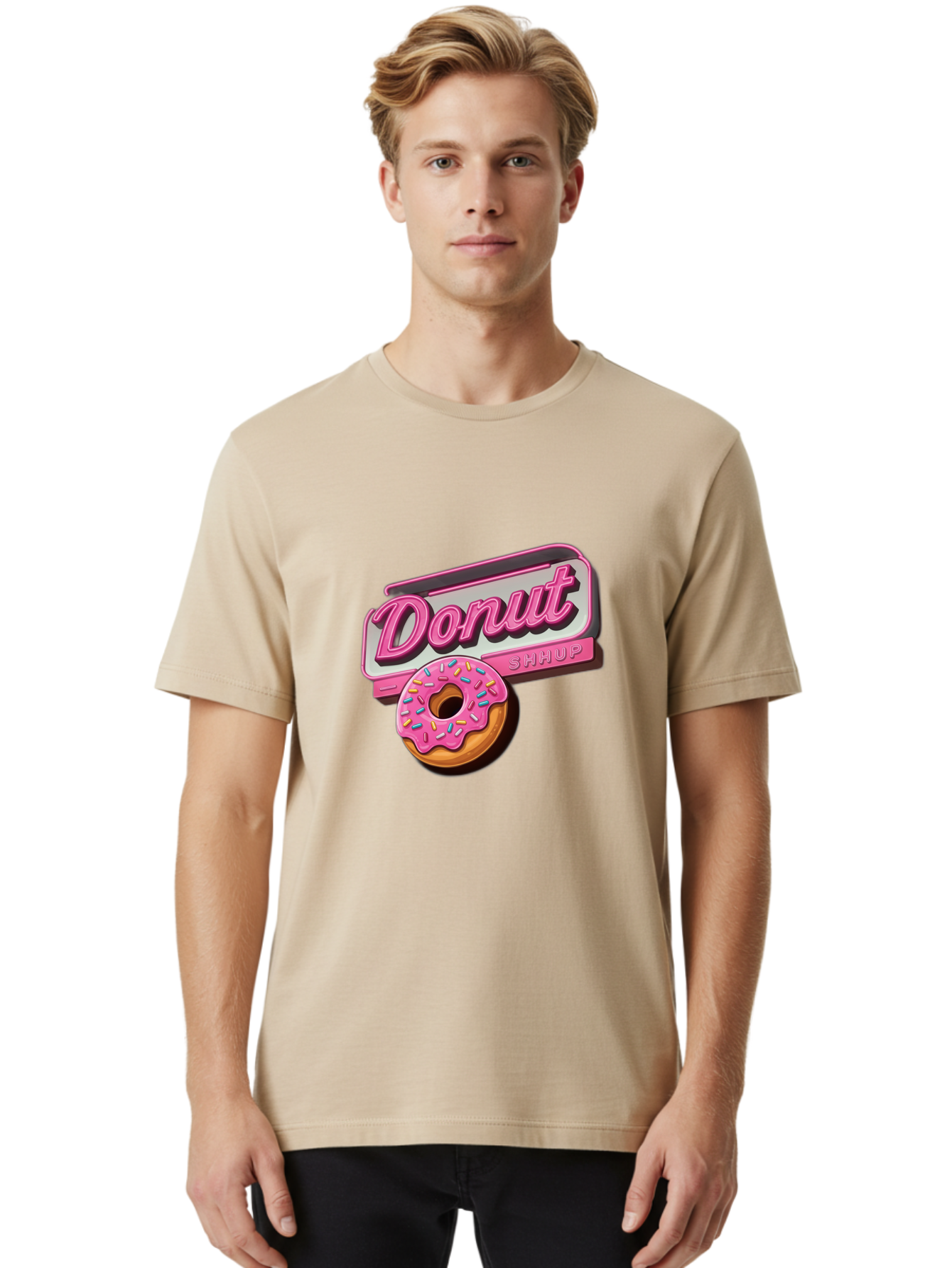 Donut-5 Men'S Graphic Tee, 100% Cotton, Comfortable Casual Summer Wear, Machine Washable, Donut With Pink Glaze And Sprinkles, Donut Shop Sign, Sweet Treats, Bakery, Dessert, Colorful, Pastel, Tasty, Donut Lover, Treat Yourself Baa499