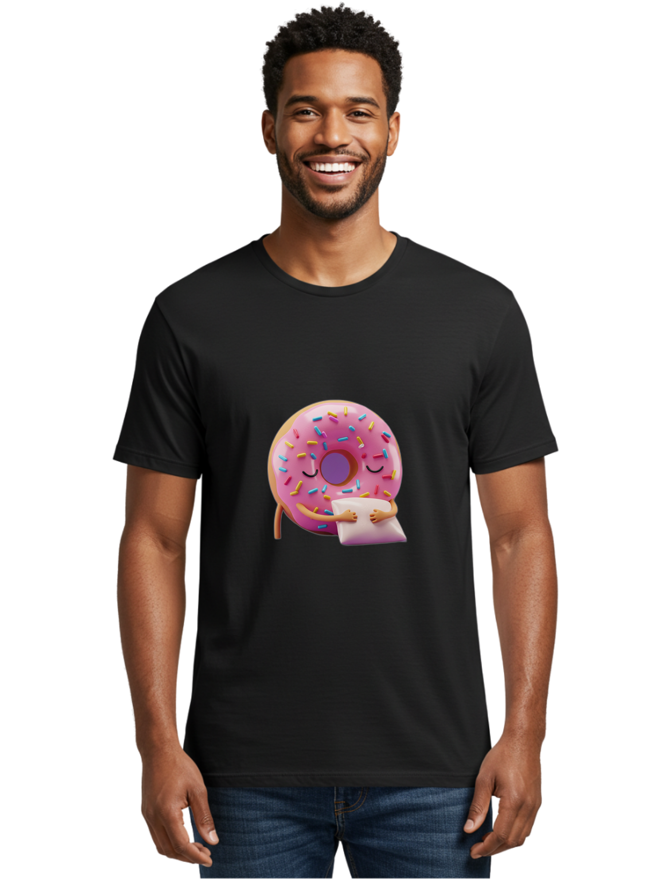 Donut-Character Men'S Graphic Tee, 100% Cotton, Comfortable Casual Summer Wear, Machine Washable, Donut With Sprinkles, Sleeping Donut, Cute Cartoon Character, Pink Donut, Sweet Treat, Relaxing Donut, Donut With Arms, Dreamy Dessert, Baa502