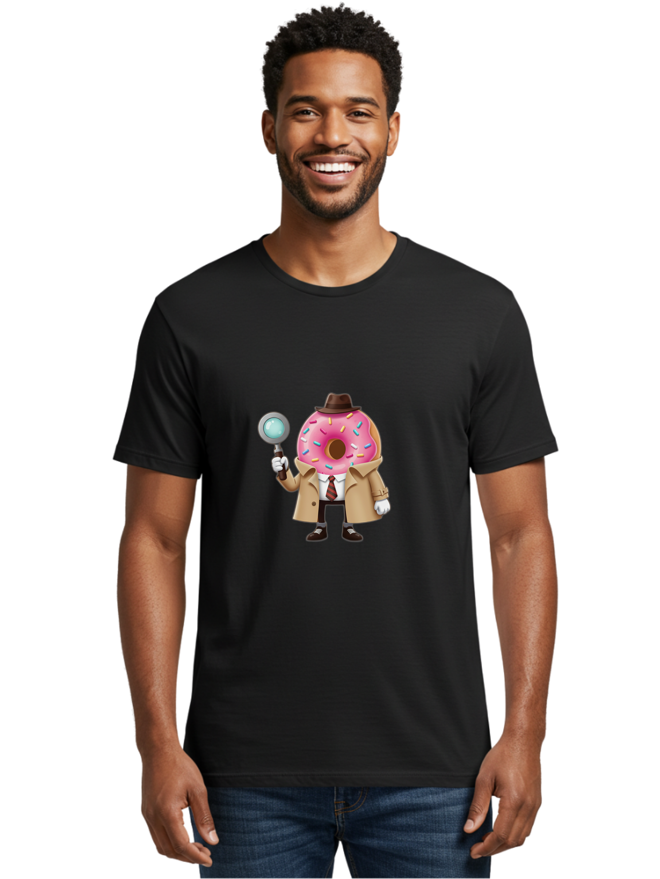 Donut-Detective Men'S Graphic Tee, 100% Cotton, Comfortable Casual Summer Wear, Machine Washable, Detective Donut, Pink Frosted Donut, Sprinkles, Magnifying Glass, Detective Clothes, Trench Coat, Fedora Hat, Cartoon Character, Mystery Solving, Baa504