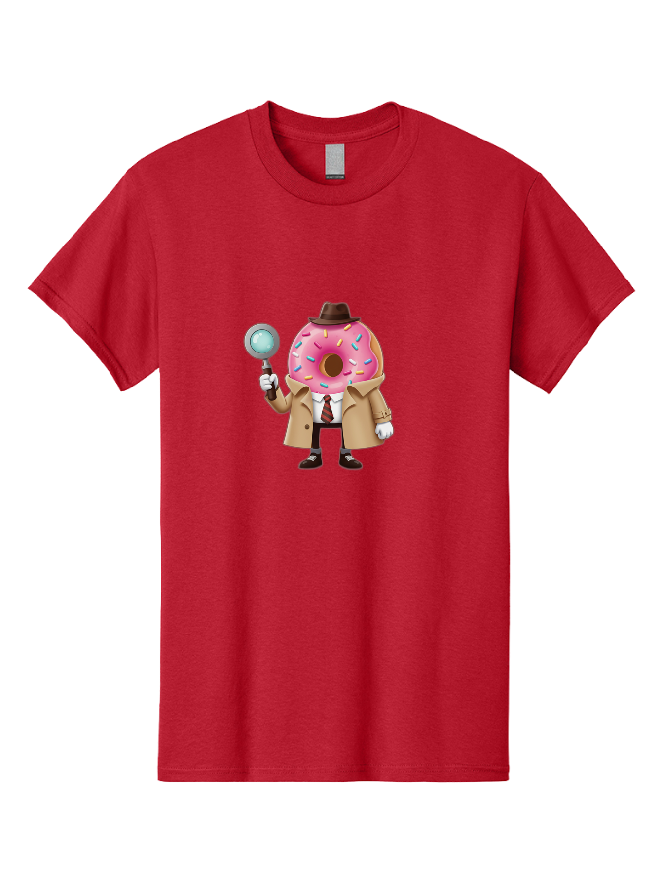Donut-Detective Men'S Graphic Tee, 100% Cotton, Comfortable Casual Summer Wear, Machine Washable, Detective Donut, Pink Frosted Donut, Sprinkles, Magnifying Glass, Detective Clothes, Trench Coat, Fedora Hat, Cartoon Character, Mystery Solving, Baa504