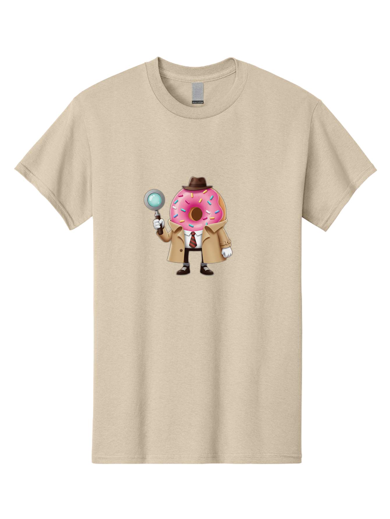 Donut-Detective Men'S Graphic Tee, 100% Cotton, Comfortable Casual Summer Wear, Machine Washable, Detective Donut, Pink Frosted Donut, Sprinkles, Magnifying Glass, Detective Clothes, Trench Coat, Fedora Hat, Cartoon Character, Mystery Solving, Baa504