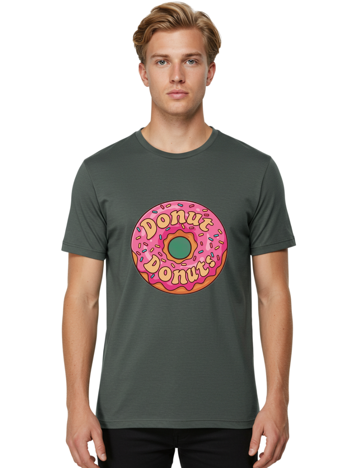 Donut-Donuts Men'S Graphic Tee, 100% Cotton, Comfortable Casual Summer Wear, Machine Washable, Pink Frosted Donut, Donut Shop, Sweet Treats, Baked Goods, Colorful Sprinkles, Tasty Pastry, Donut Lovers, Dessert Delight, Tasty Donut Baa505