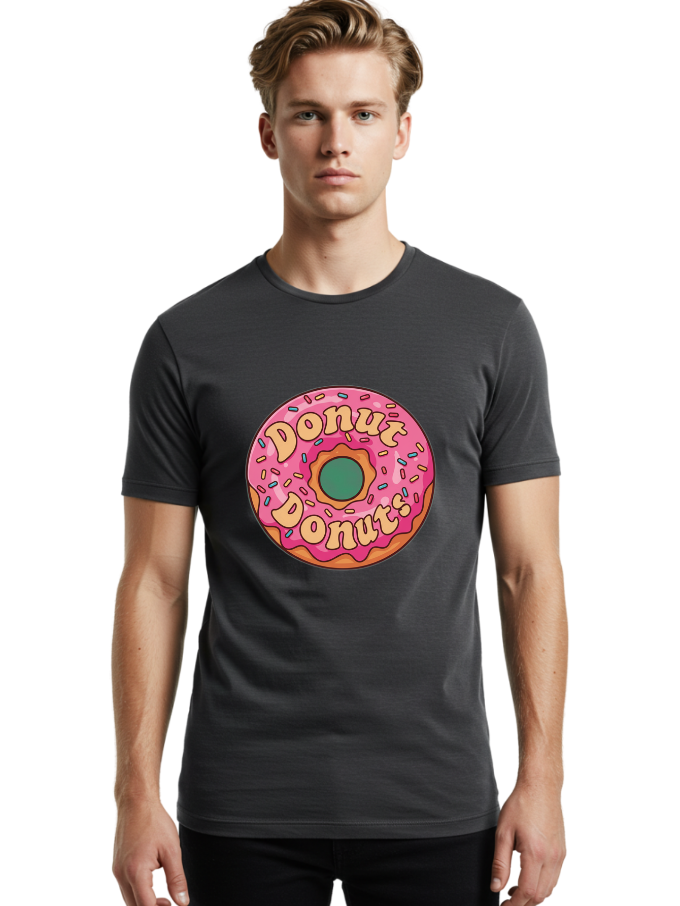 Donut-Donuts Men'S Graphic Tee, 100% Cotton, Comfortable Casual Summer Wear, Machine Washable, Pink Frosted Donut, Donut Shop, Sweet Treats, Baked Goods, Colorful Sprinkles, Tasty Pastry, Donut Lovers, Dessert Delight, Tasty Donut Baa505