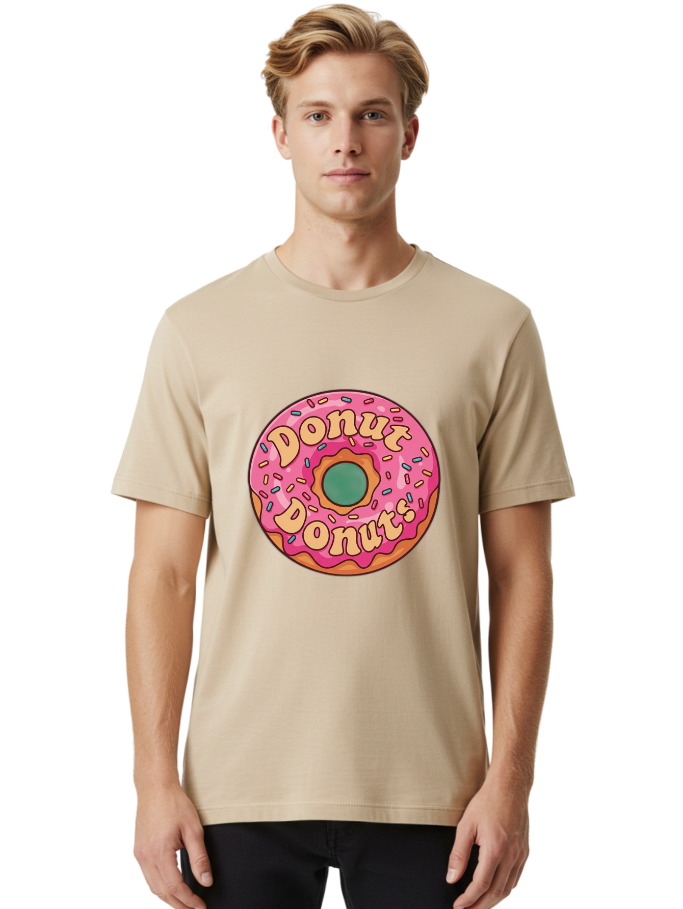 Donut-Donuts Men'S Graphic Tee, 100% Cotton, Comfortable Casual Summer Wear, Machine Washable, Pink Frosted Donut, Donut Shop, Sweet Treats, Baked Goods, Colorful Sprinkles, Tasty Pastry, Donut Lovers, Dessert Delight, Tasty Donut Baa505